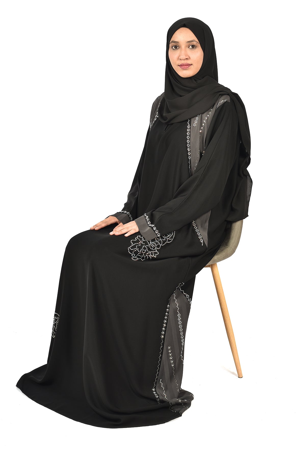 Luxury Black Abaya with Floral Embroidery & Sparkling Beads – Elegant Occasion Wear ( ladies abaya )