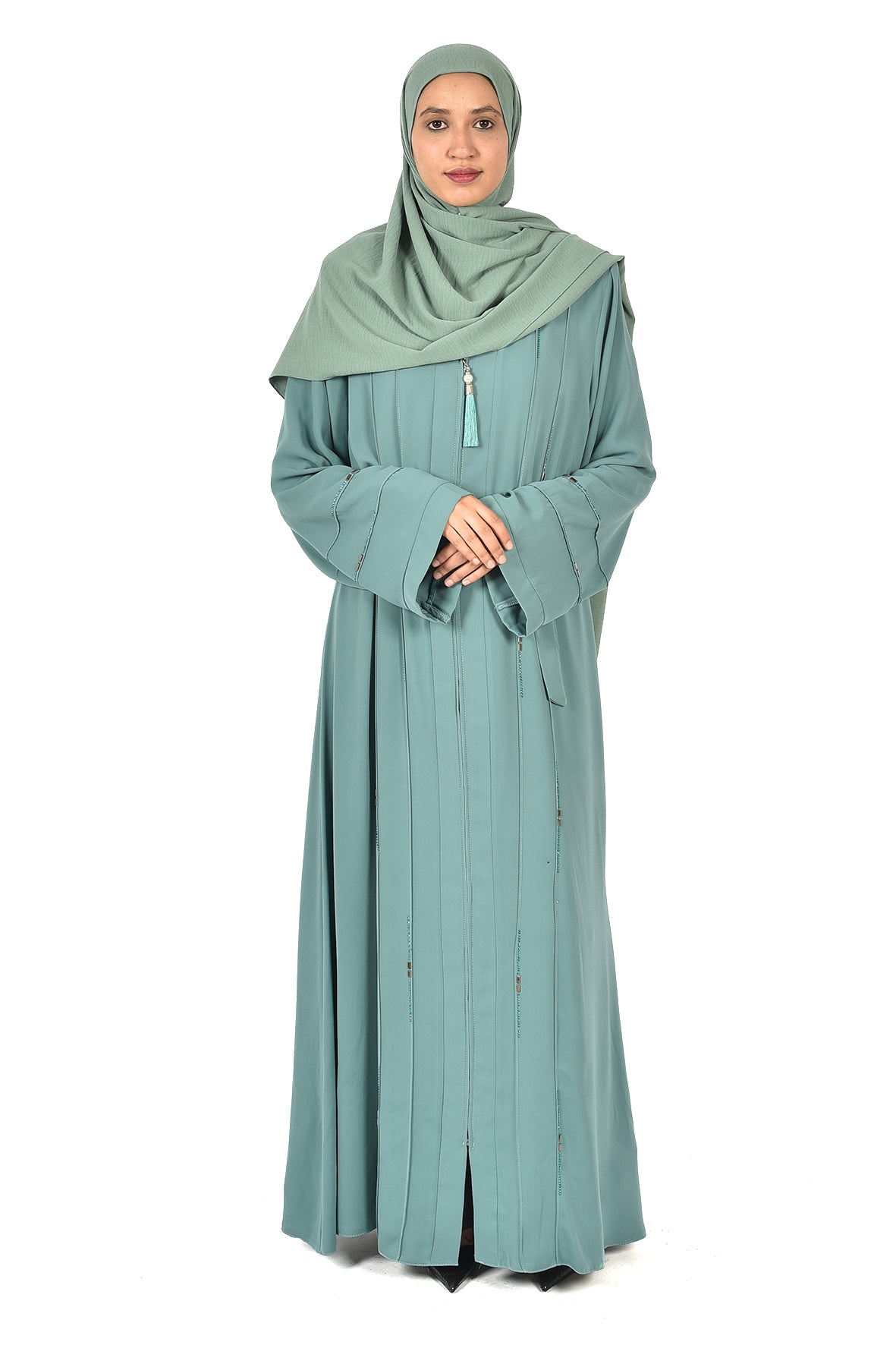 Modern Pastel Green Abaya with Front Zipper – Elegant Minimalist Design ( katalia )