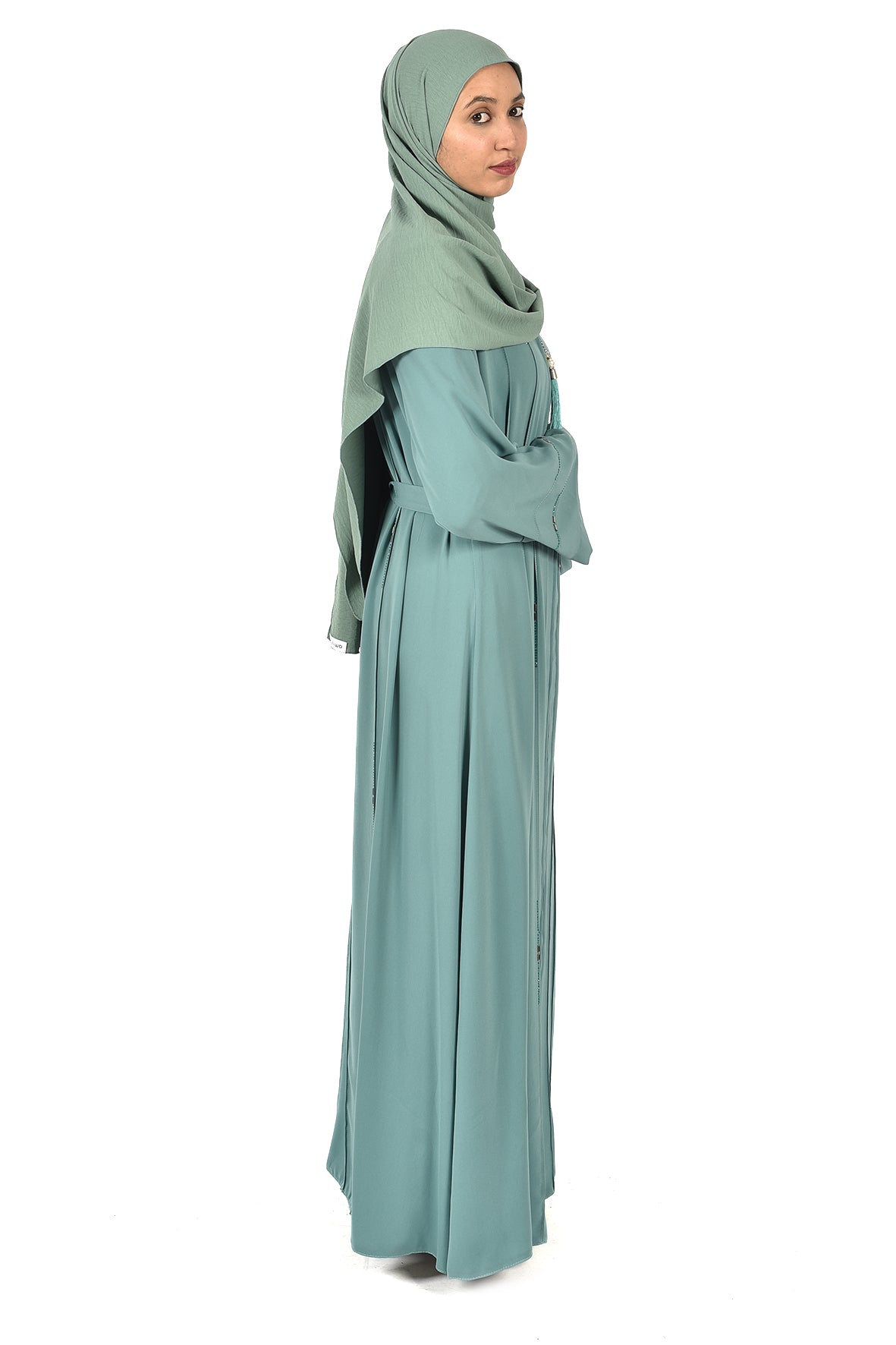 Modern Pastel Green Abaya with Front Zipper – Elegant Minimalist Design ( katalia )