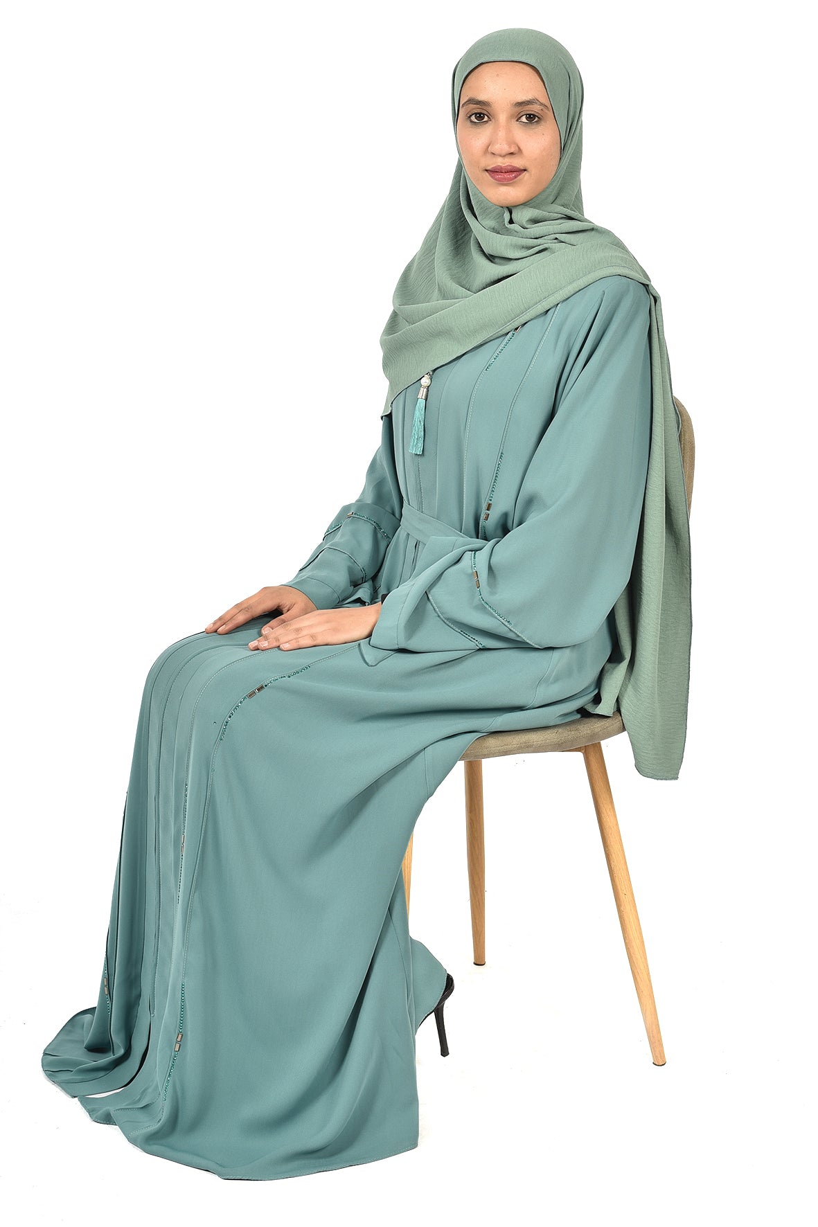 Modern Pastel Green Abaya with Front Zipper – Elegant Minimalist Design ( katalia )