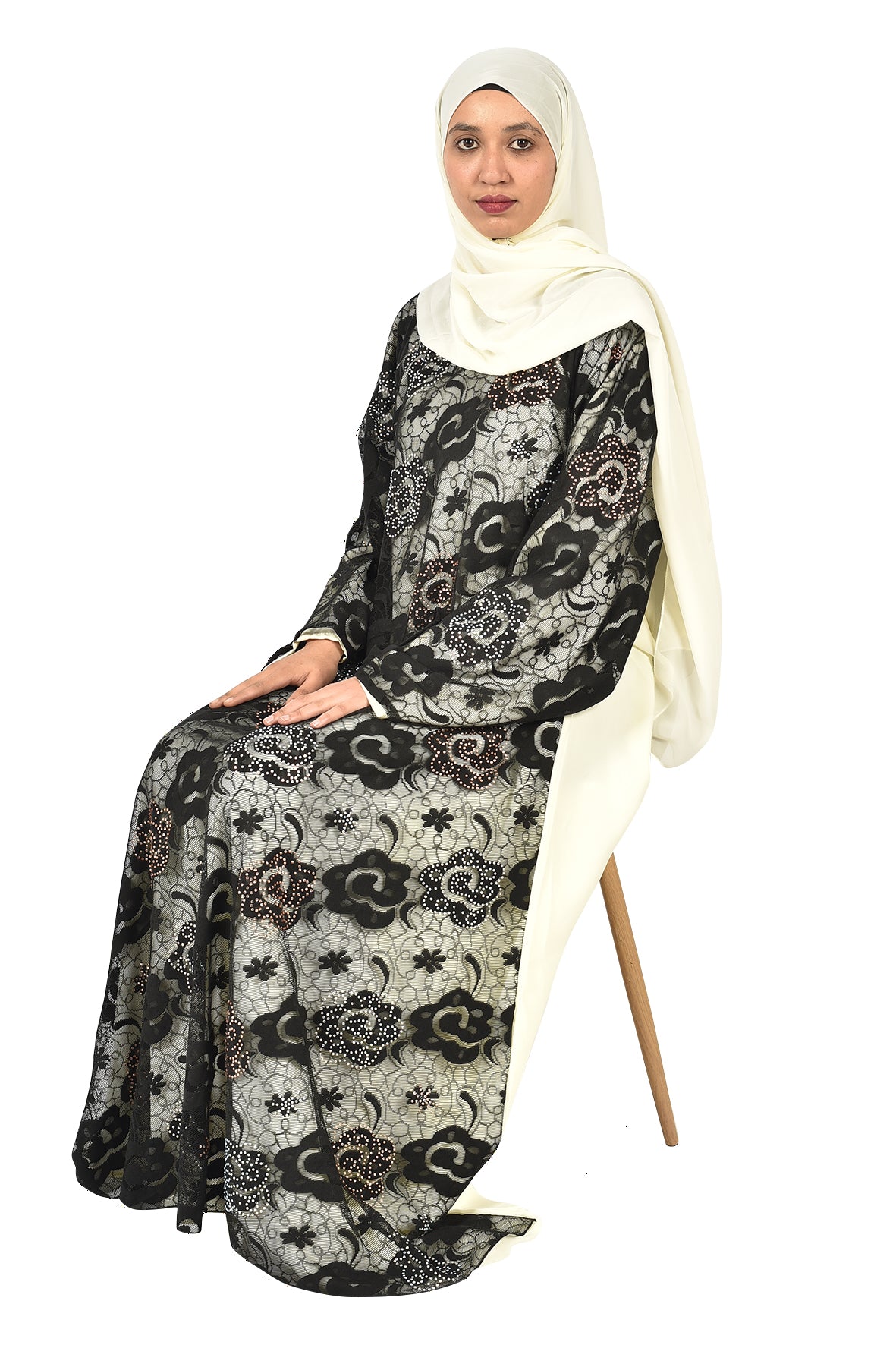 Elegant Two-Layer Abaya with Black Floral Embroidery (ladies abaya )