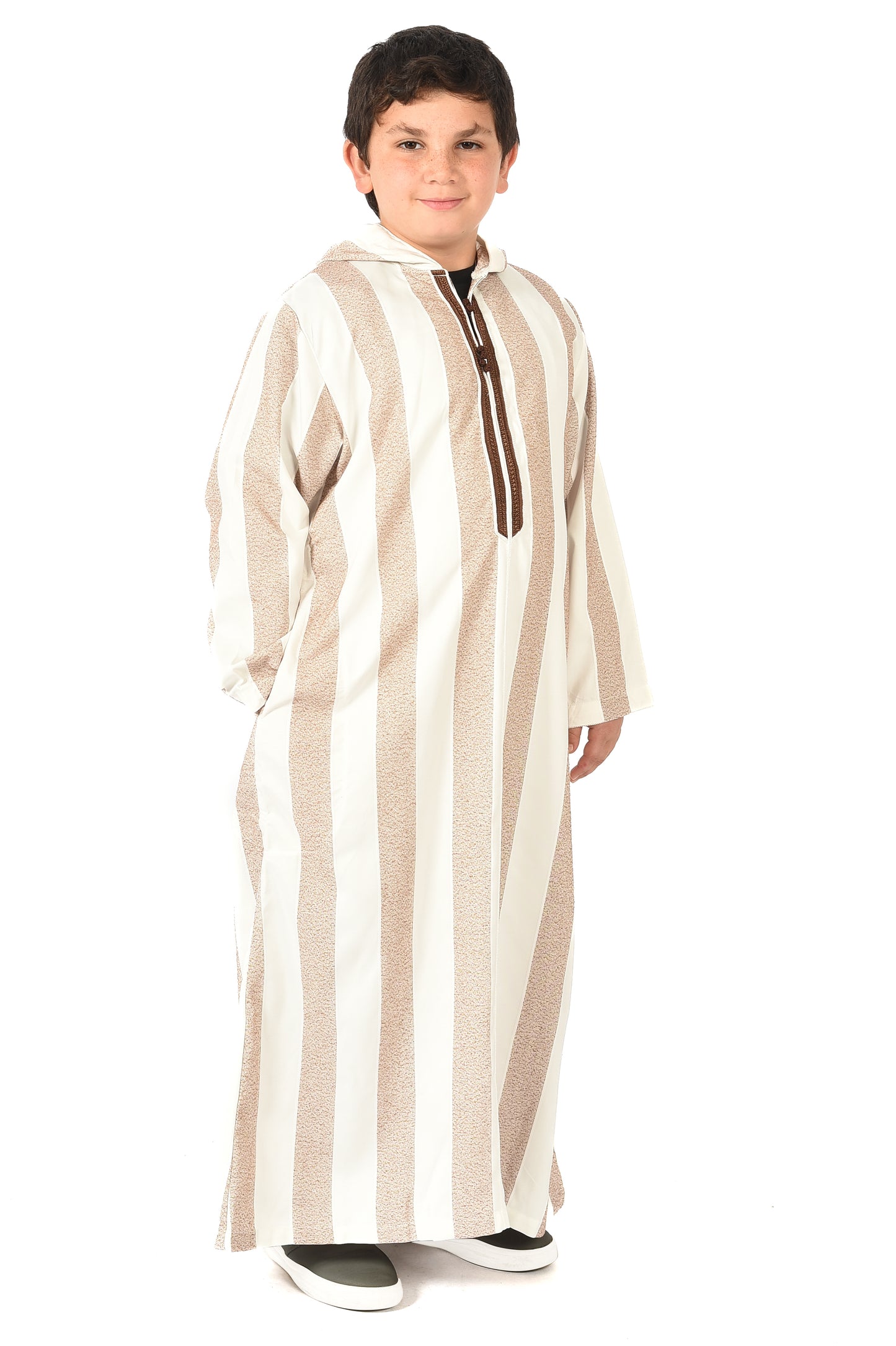 Focha Kids Hooded Thobe - Brown Striped