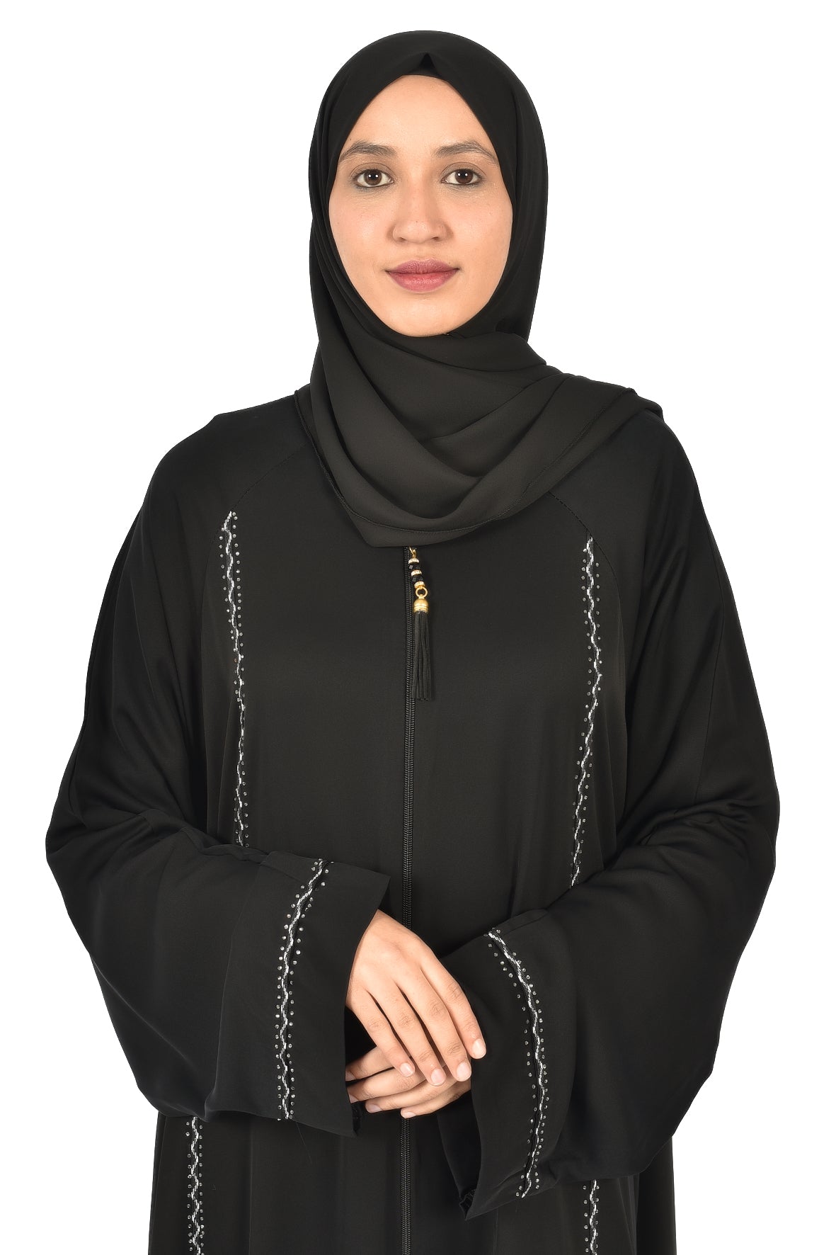 Black Abaya with Front Zipper and Subtle White Embroidery – Elegant & Modern Design (ladies abaya )