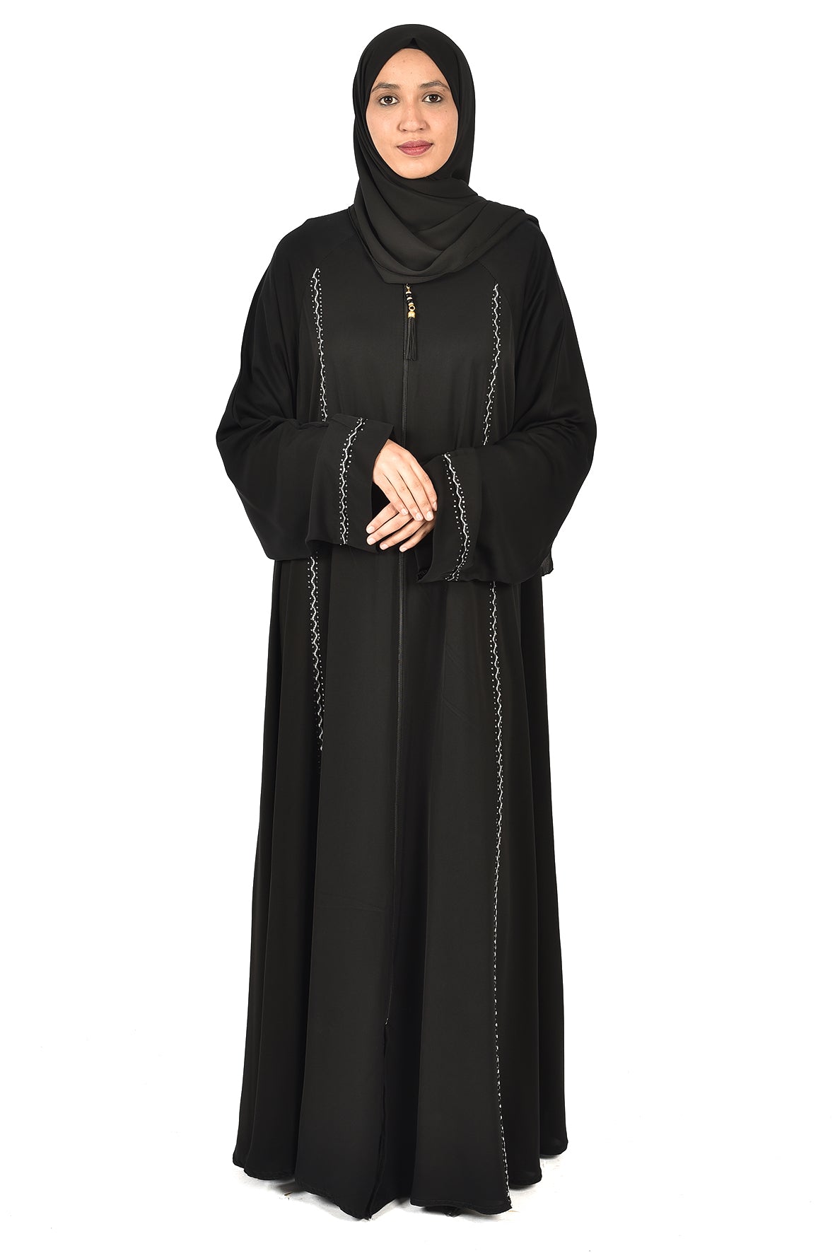 Black Abaya with Front Zipper and Subtle White Embroidery – Elegant & Modern Design (ladies abaya )