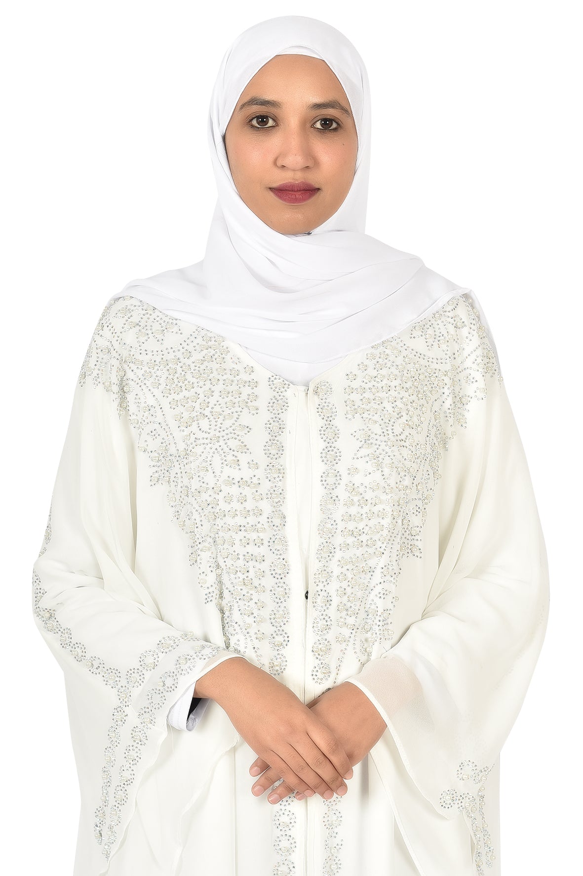 Luxury White Abaya with Silver Embroidery and Layered Design ( ladies abaya )