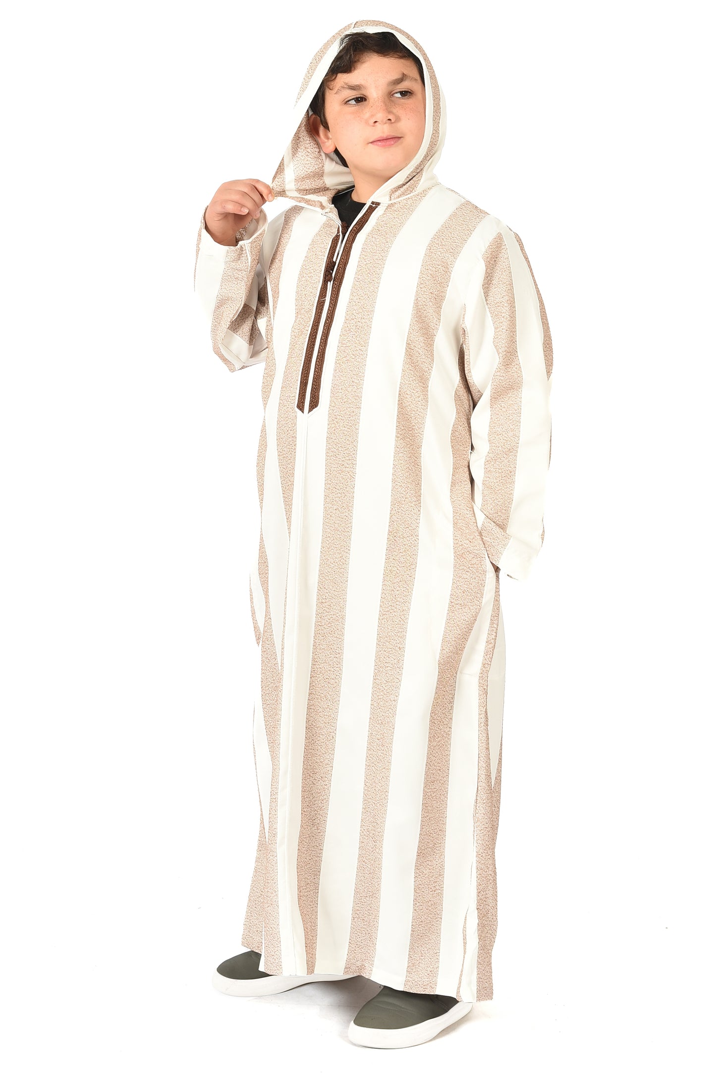 Focha Kids Hooded Thobe - Brown Striped