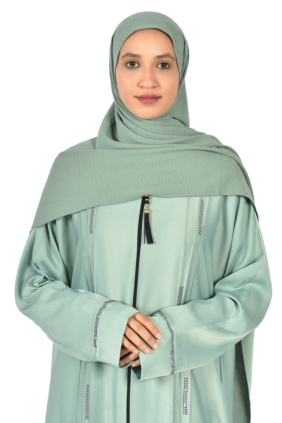 Light Green Abaya with Front Zipper and Rectangular Embroidery – Soft & Elegant Style (ladies abaya )