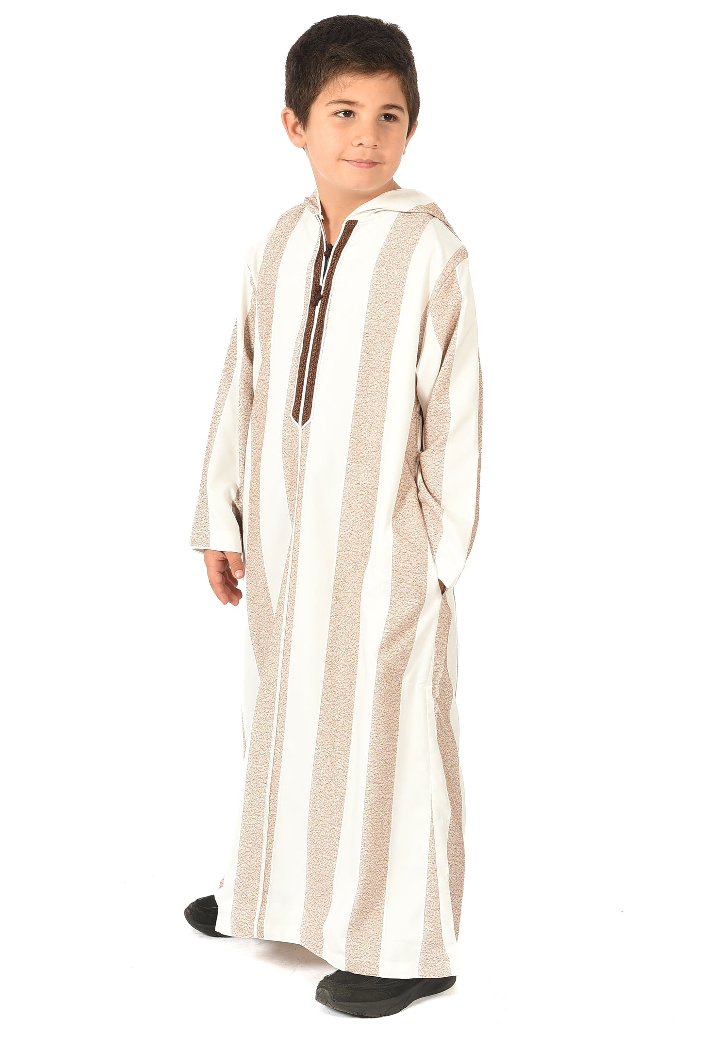 Focha Kids Hooded Thobe - Brown Striped