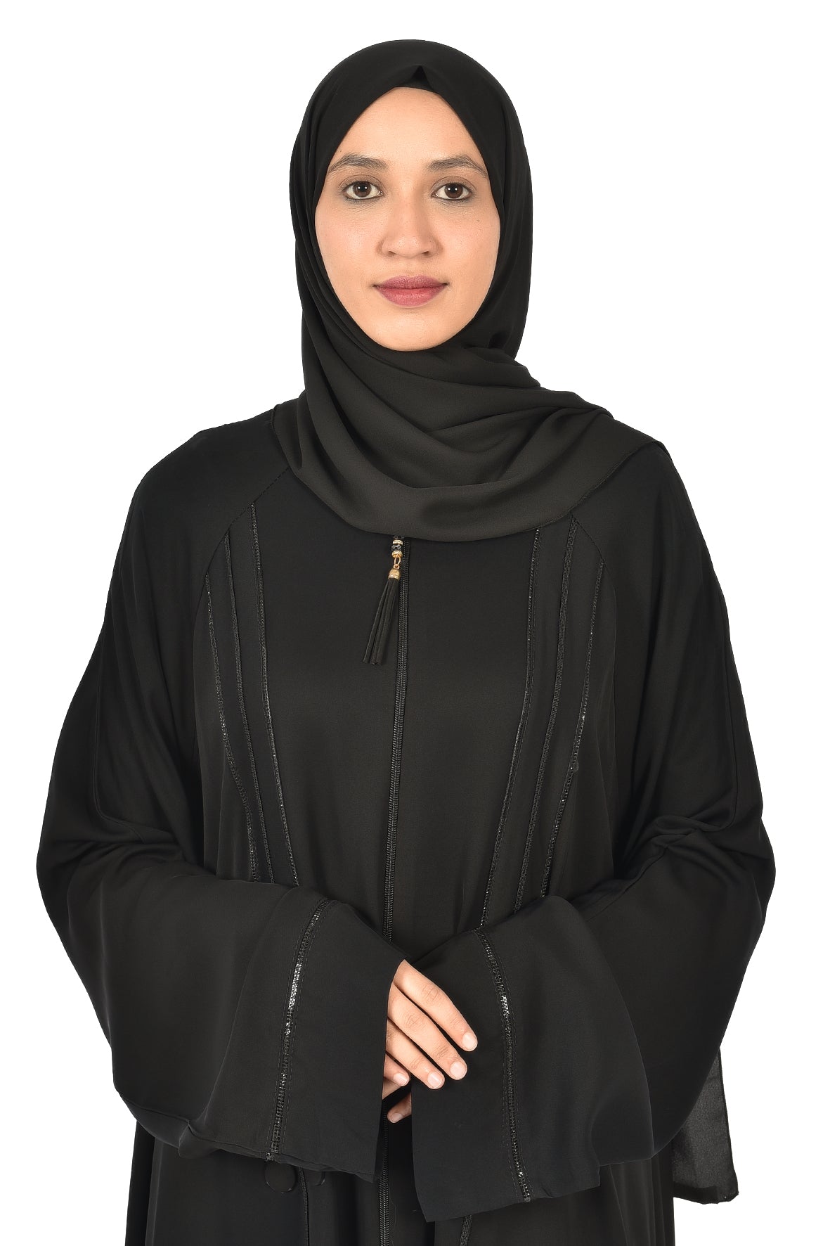 Black Abaya with Front Zipper and Vertical Shiny Embroidery – Elegant & Practical ( ladies abaya )