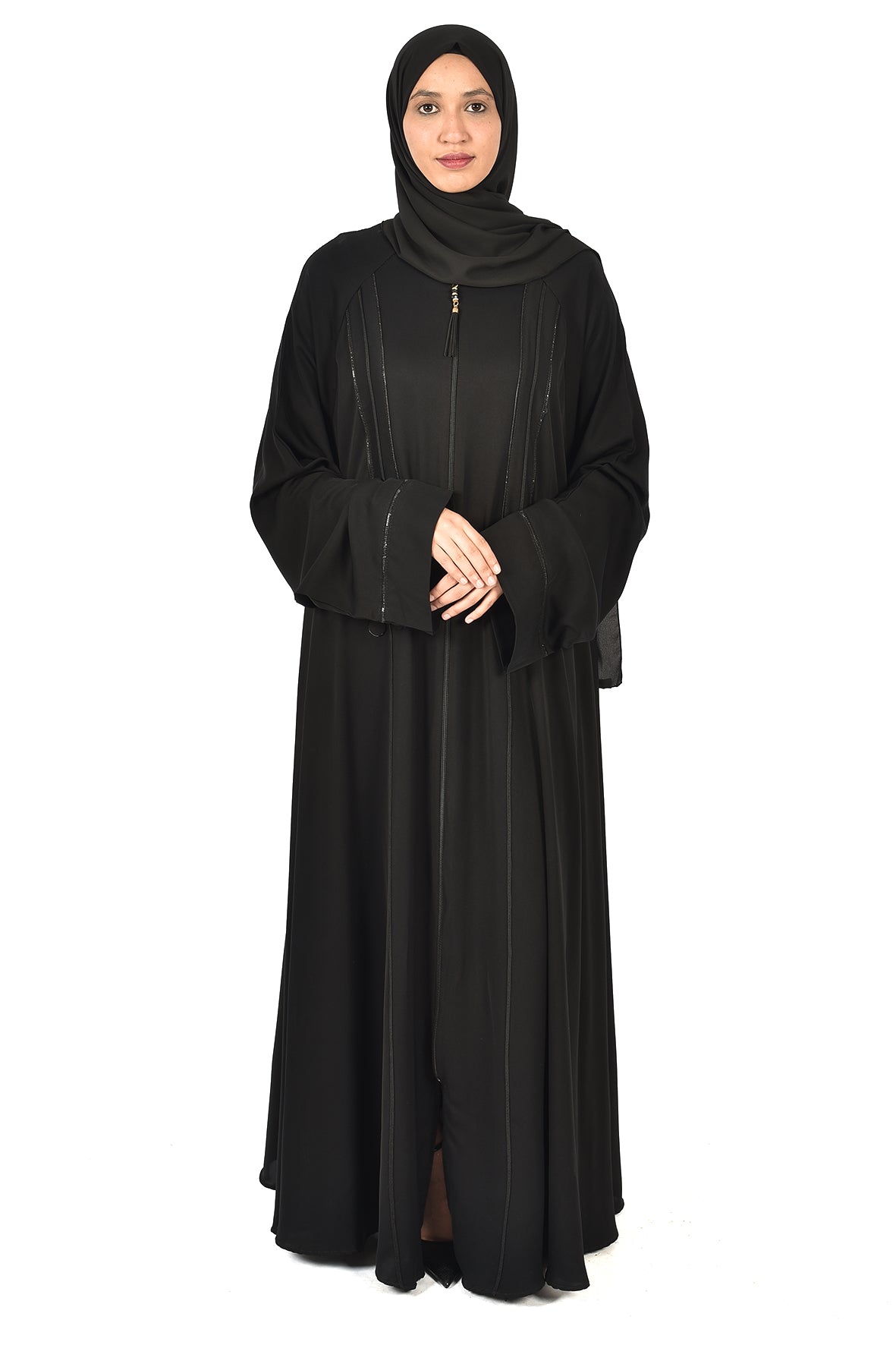 Black Abaya with Front Zipper and Vertical Shiny Embroidery – Elegant & Practical ( ladies abaya )