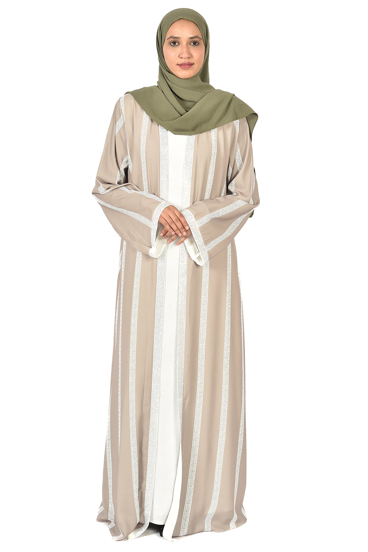Beige Abaya with White Geometric Stripes – Modern Elegance with Eastern Touch (ladies abaya )