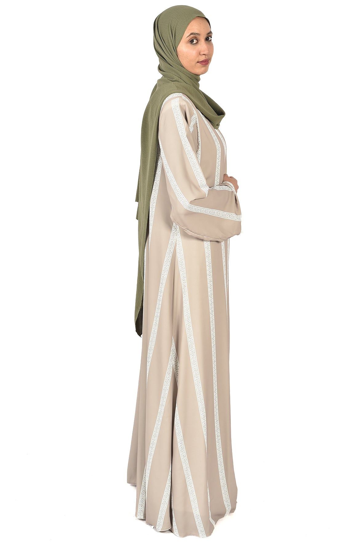 Beige Abaya with White Geometric Stripes – Modern Elegance with Eastern Touch (ladies abaya )