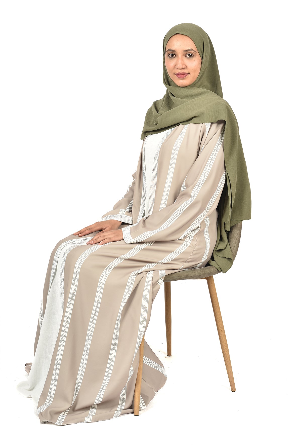 Beige Abaya with White Geometric Stripes – Modern Elegance with Eastern Touch (ladies abaya )