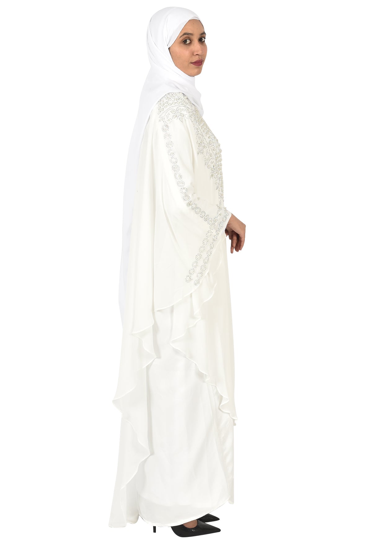Luxury White Abaya with Silver Embroidery and Layered Design ( ladies abaya )