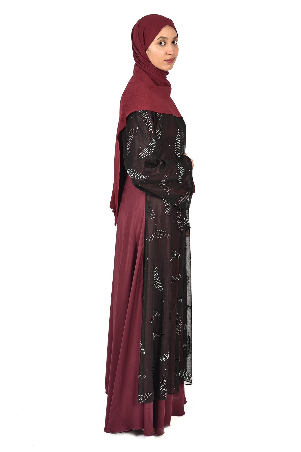 Maroon Inner Dress with Beaded Sheer Overlay Abaya – Elegant and Contemporary (ladies abaya )