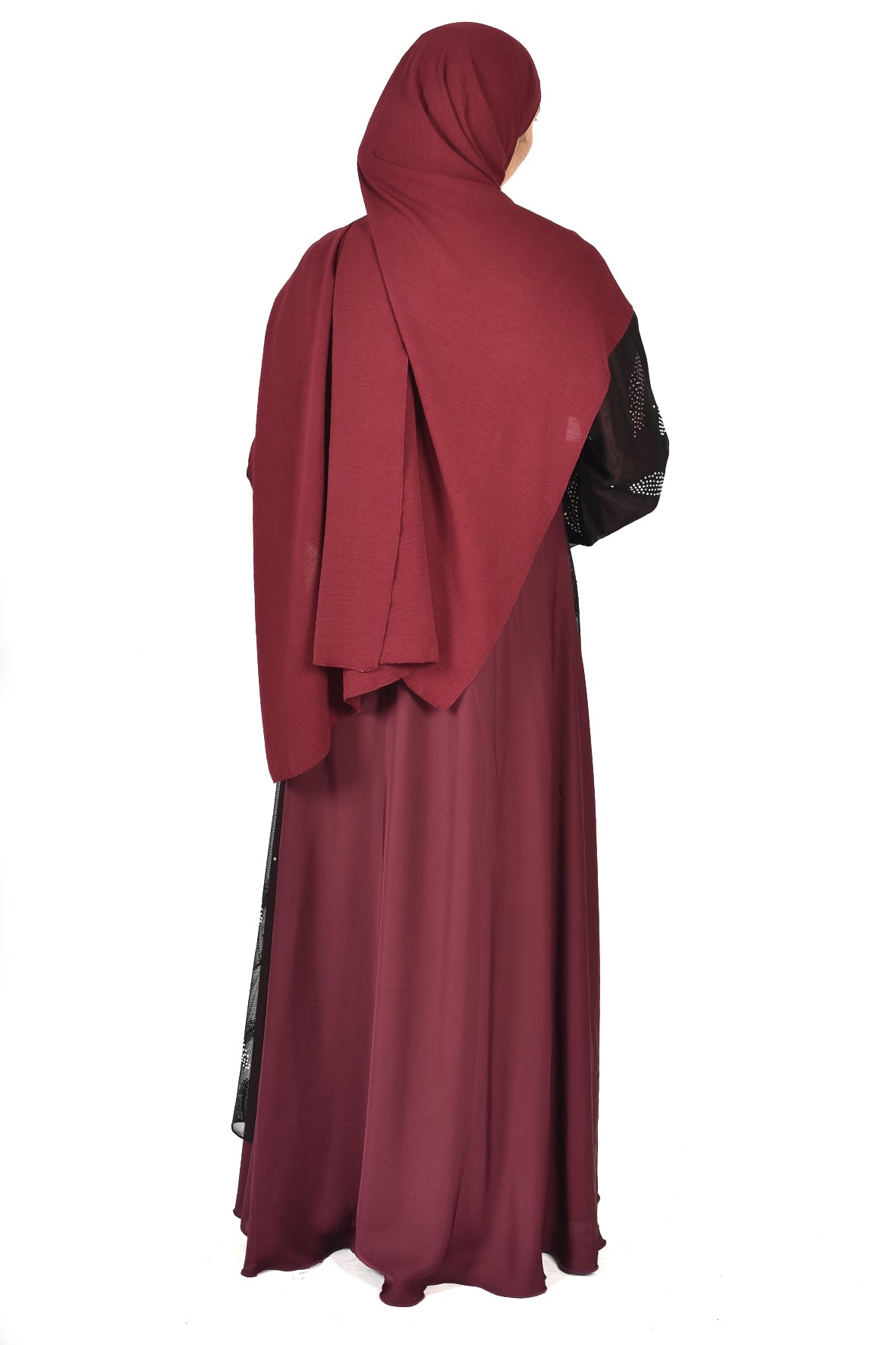 Maroon Inner Dress with Beaded Sheer Overlay Abaya – Elegant and Contemporary (ladies abaya )