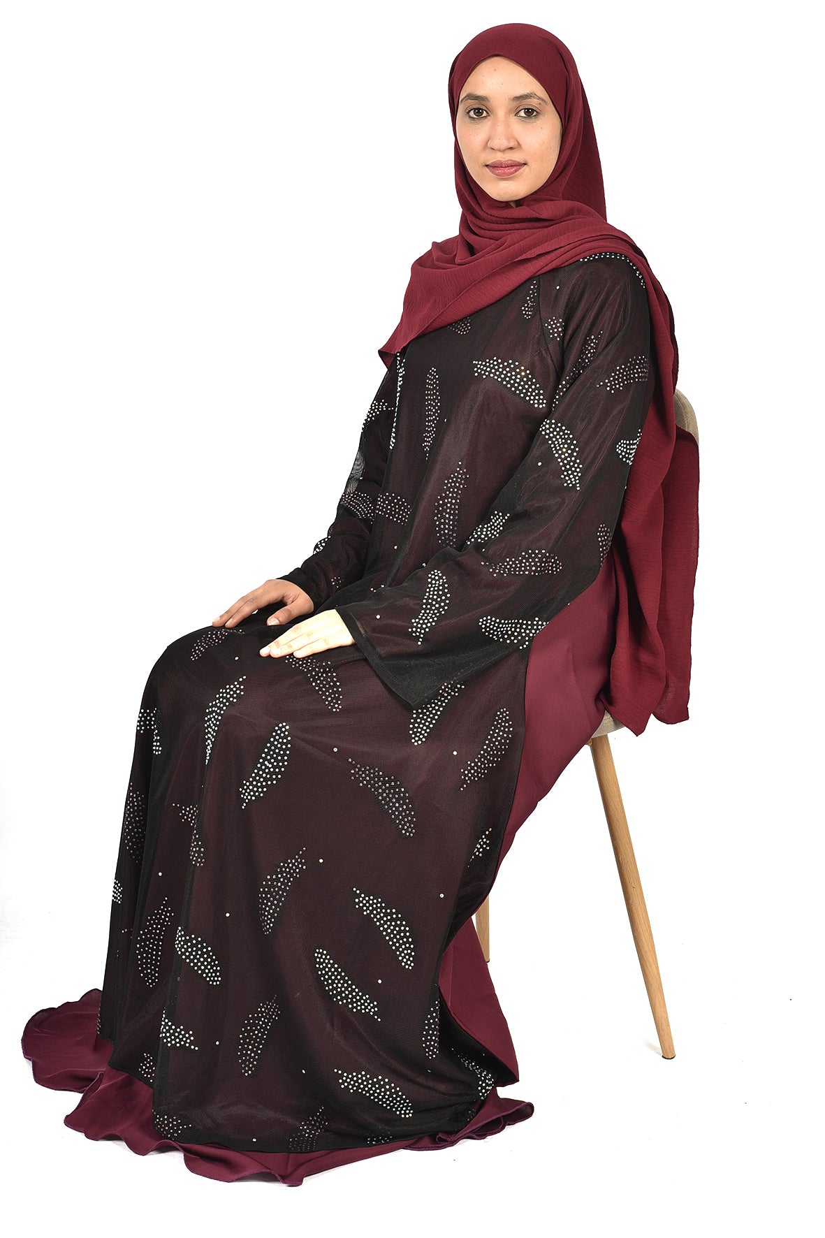 Maroon Inner Dress with Beaded Sheer Overlay Abaya – Elegant and Contemporary (ladies abaya )
