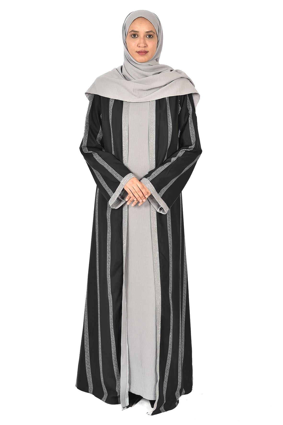 Striped Black & Grey Abaya with Embroidered Details ( ladies abaya )