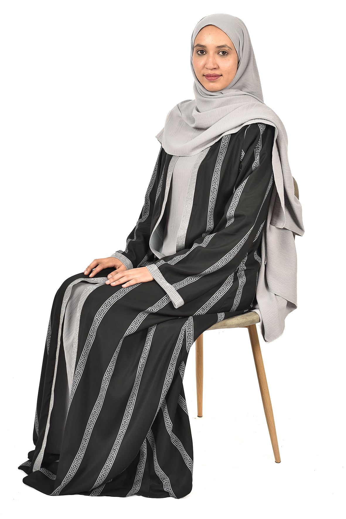 Striped Black & Grey Abaya with Embroidered Details ( ladies abaya )