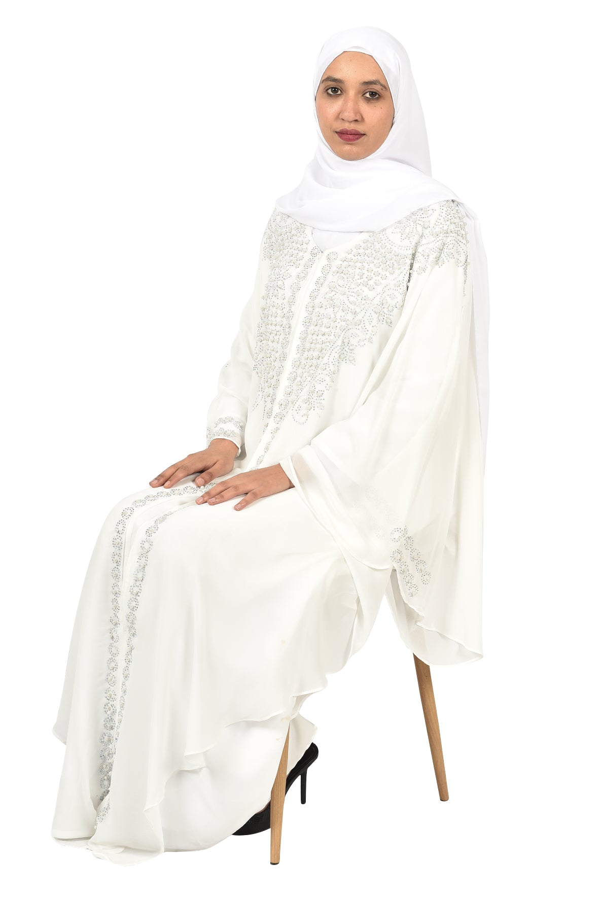 Luxury White Abaya with Silver Embroidery and Layered Design ( ladies abaya )