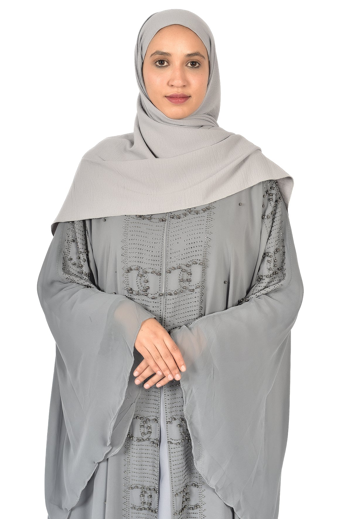 Elegant Grey Embroidered Abaya – Premium Flowing Design (ladies abaya )