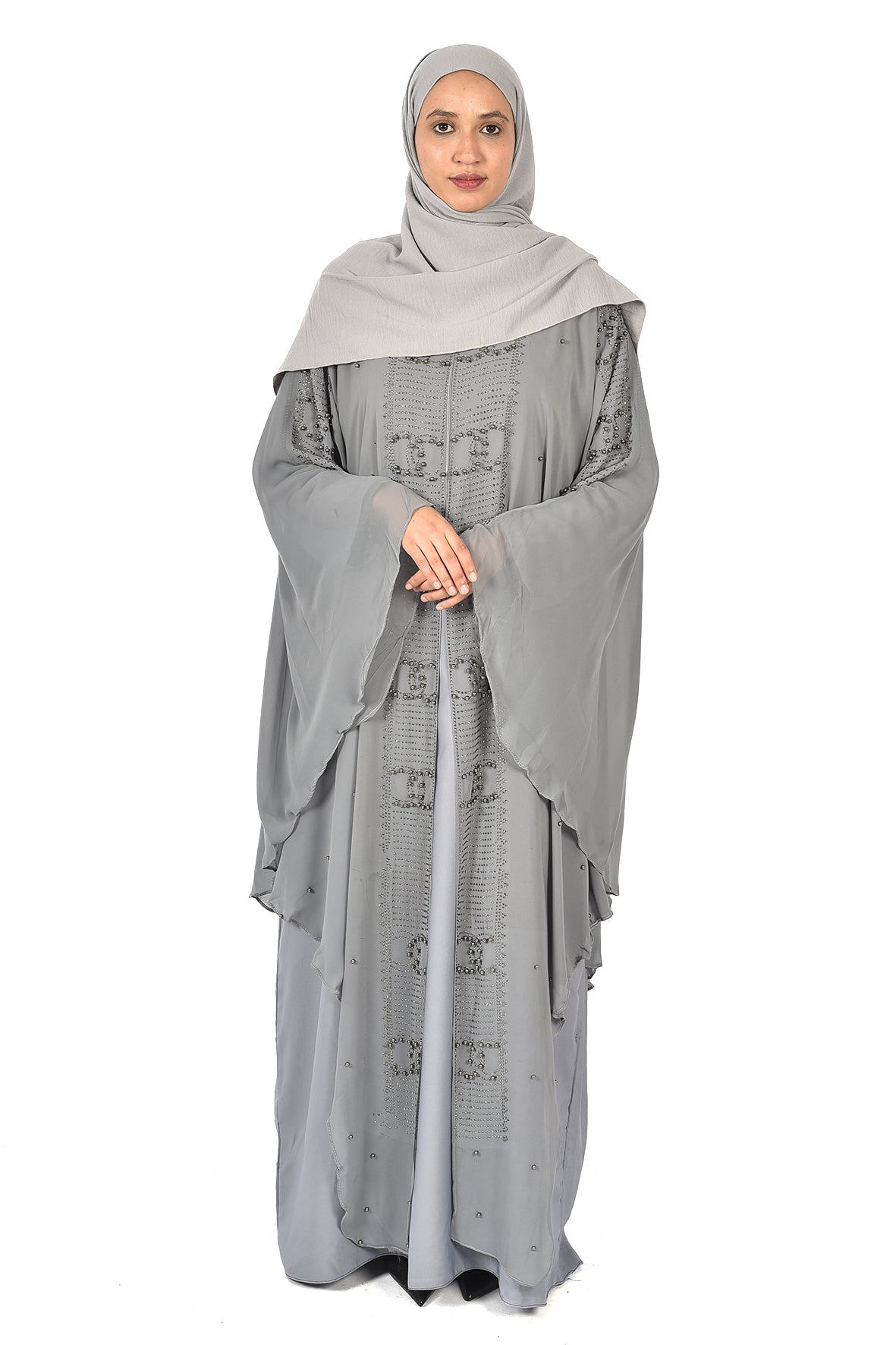 Elegant Grey Embroidered Abaya – Premium Flowing Design (ladies abaya )