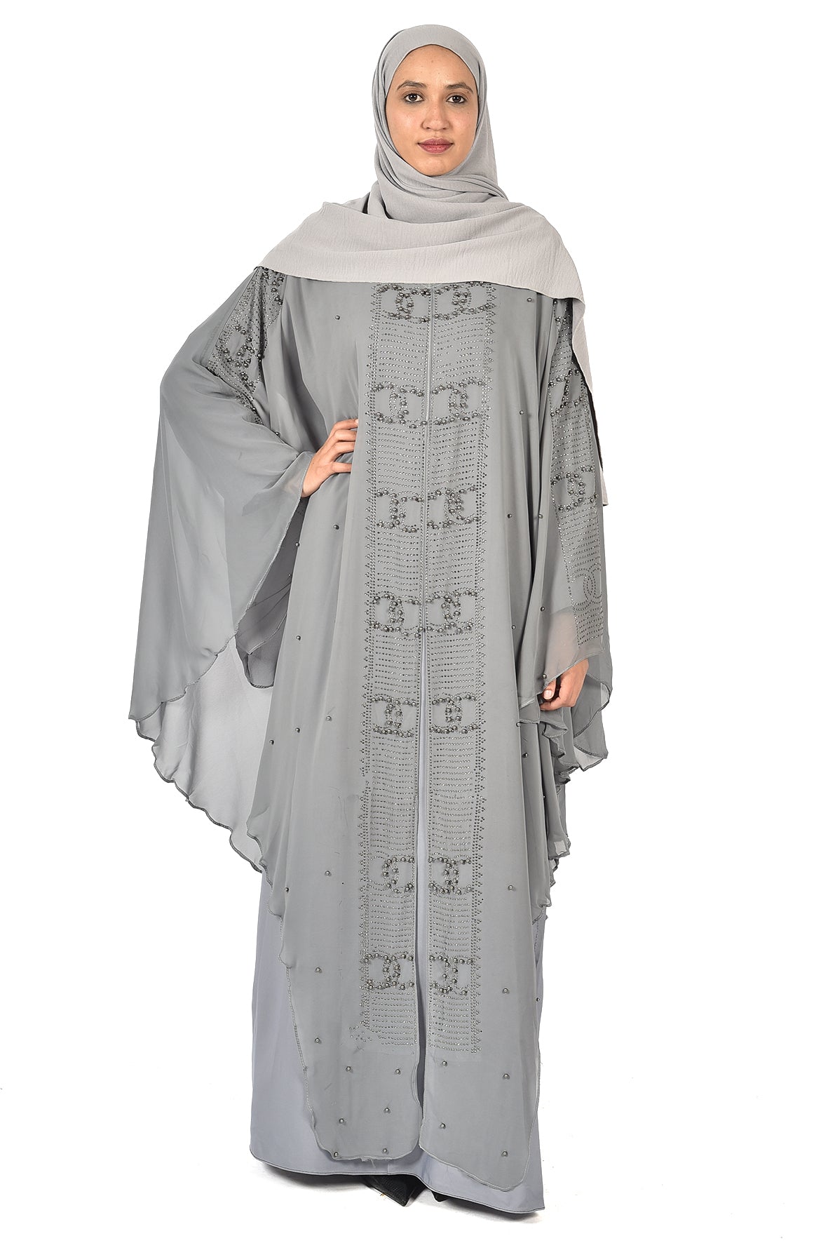Elegant Grey Embroidered Abaya – Premium Flowing Design (ladies abaya )