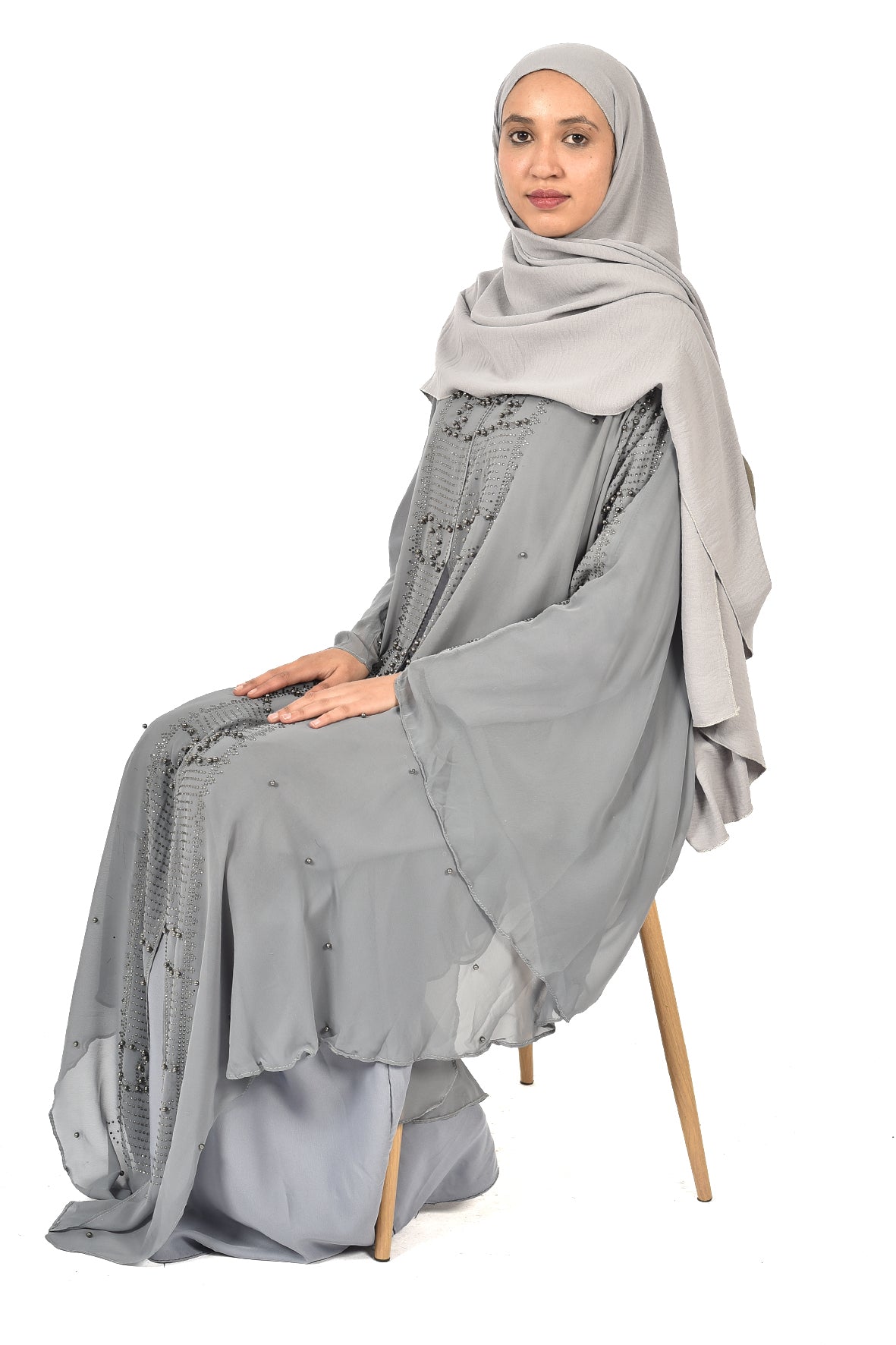 Elegant Grey Embroidered Abaya – Premium Flowing Design (ladies abaya )
