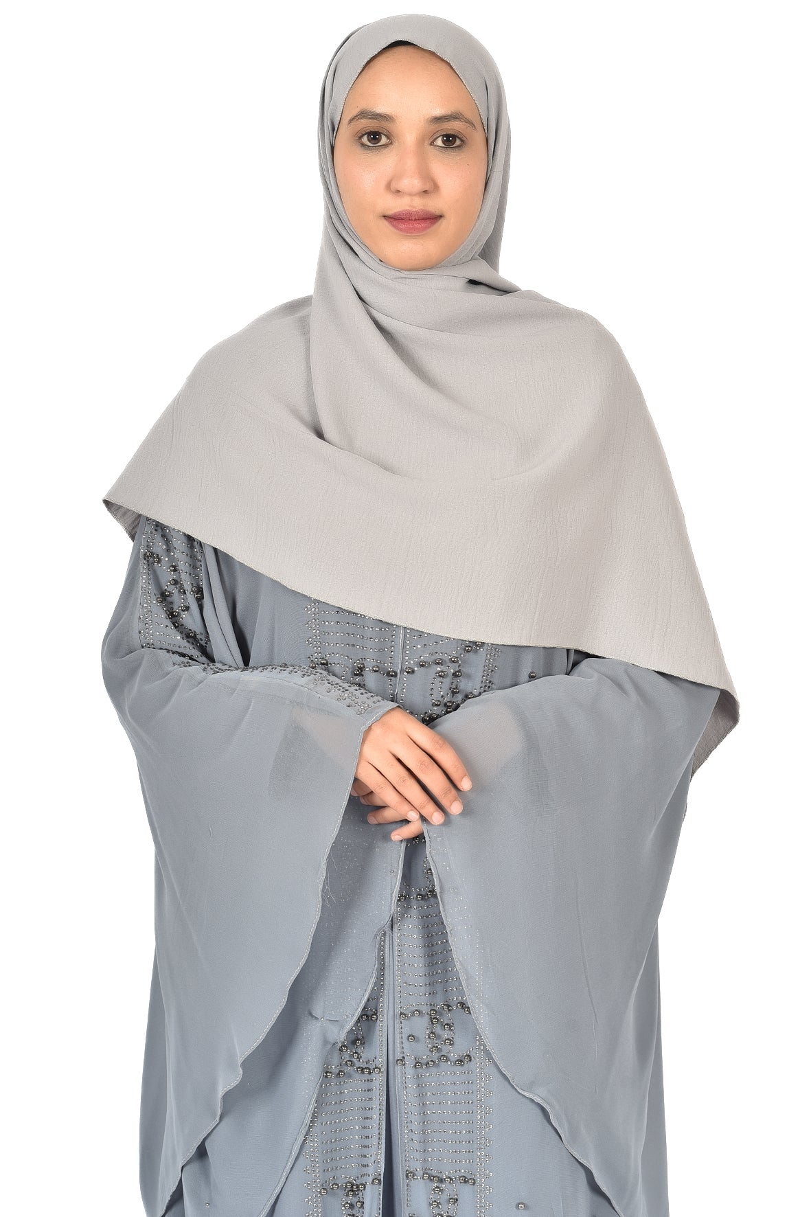 Layered Grey Chiffon Abaya with Pearl Embellishments ( ladies abaya )