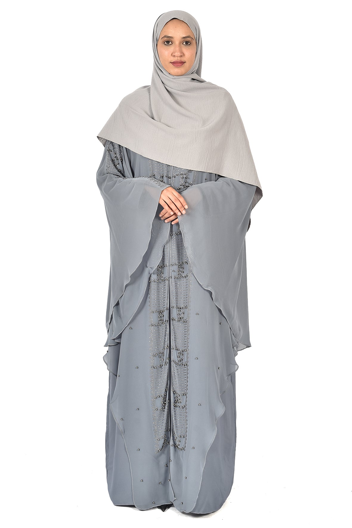 Layered Grey Chiffon Abaya with Pearl Embellishments ( ladies abaya )