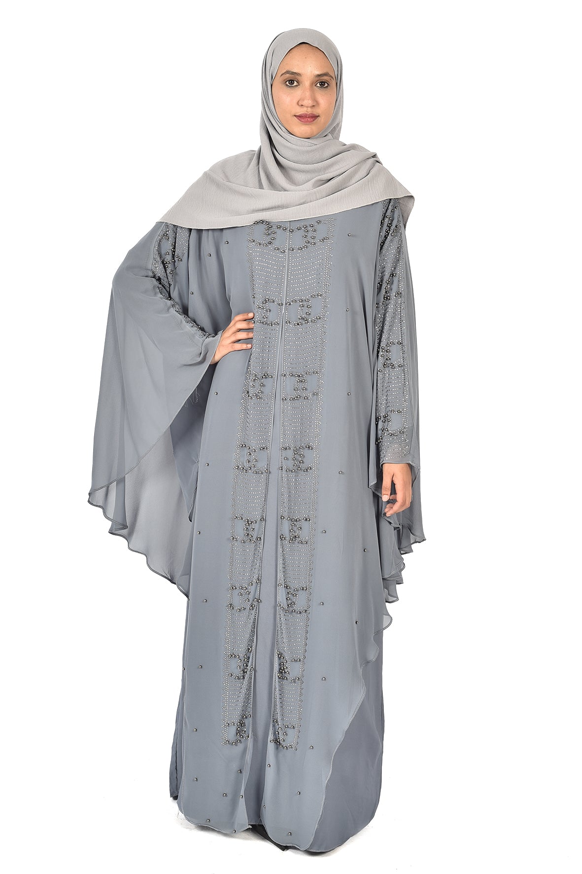 Layered Grey Chiffon Abaya with Pearl Embellishments ( ladies abaya )