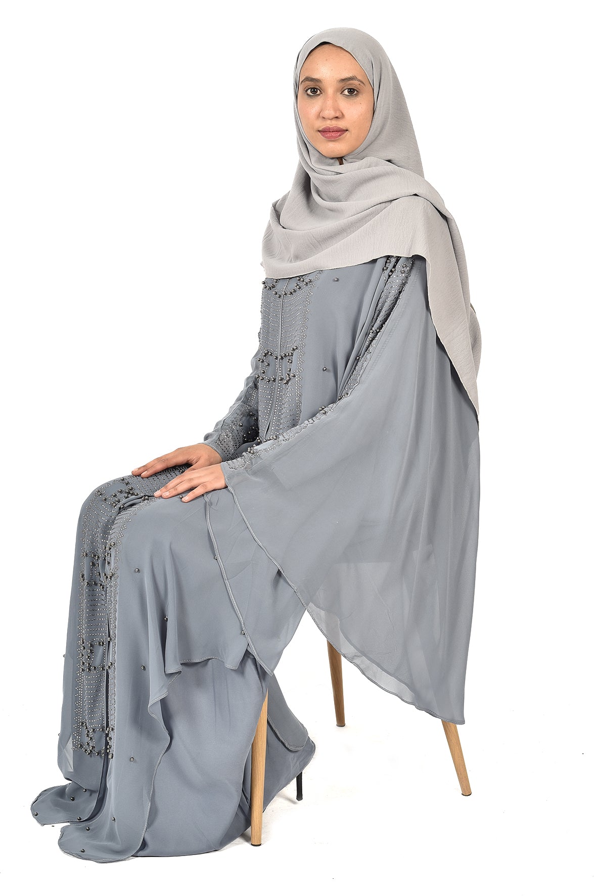 Layered Grey Chiffon Abaya with Pearl Embellishments ( ladies abaya )
