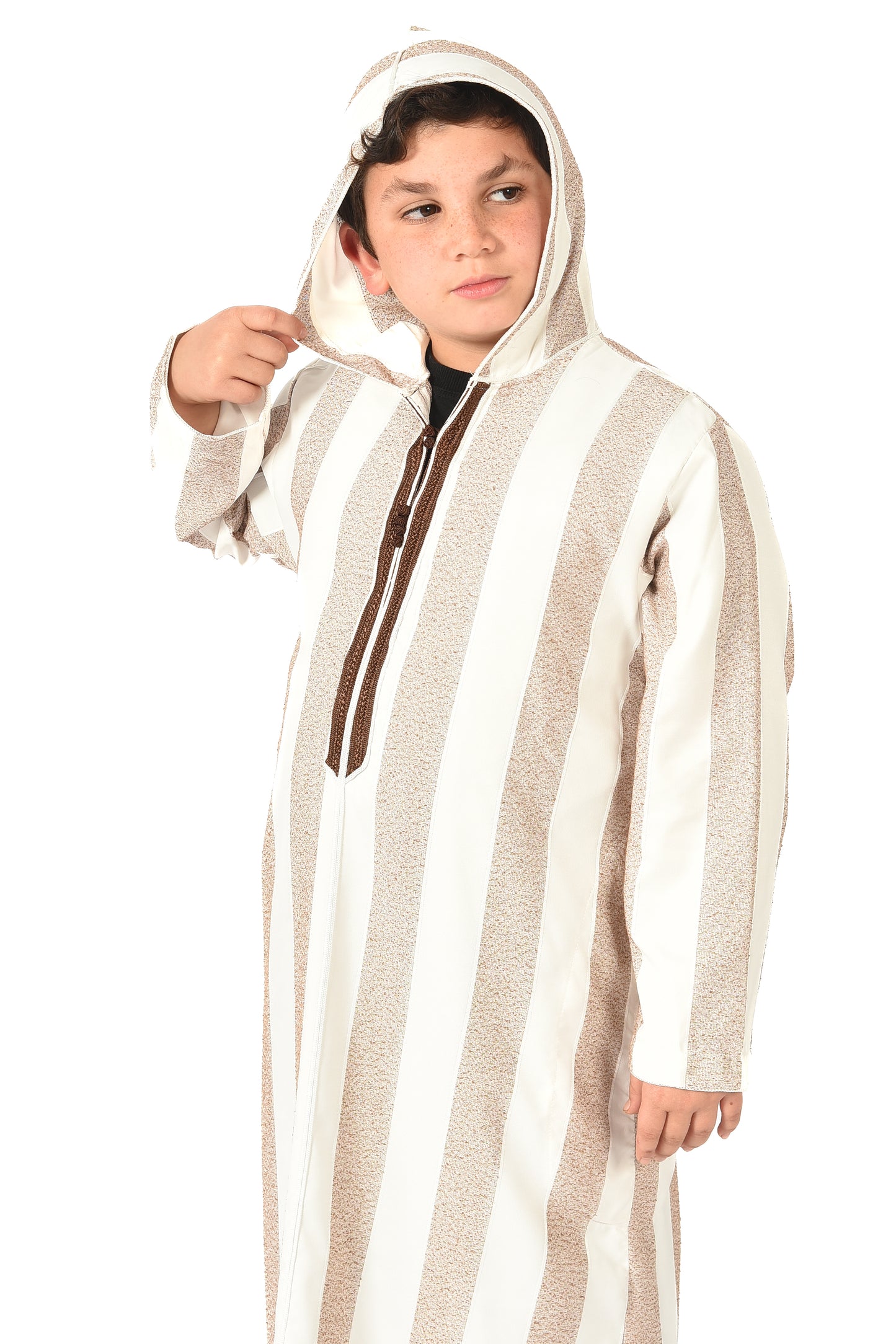 Focha Kids Hooded Thobe - Brown Striped