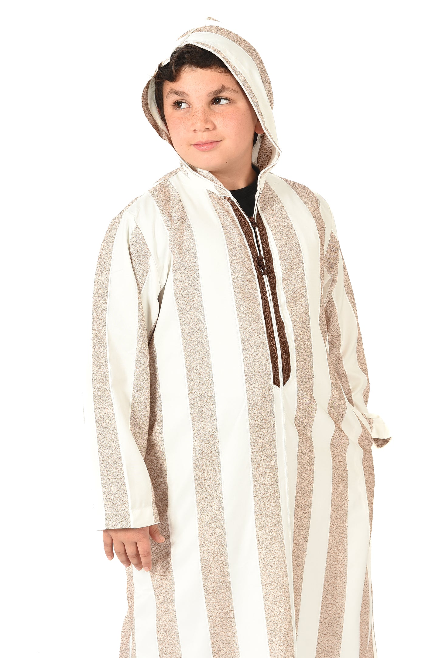 Focha Kids Hooded Thobe - Brown Striped