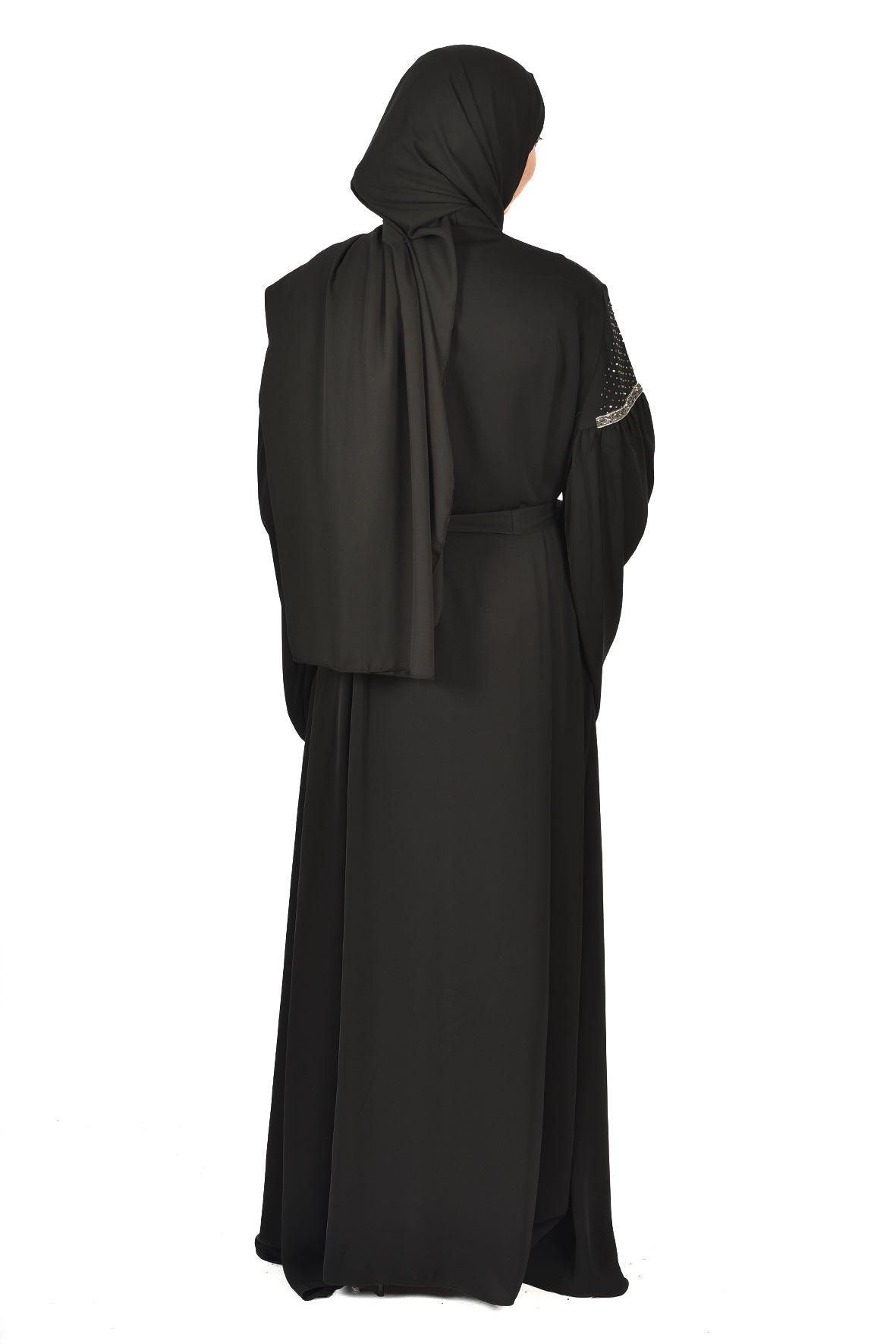 Elegant Black Abaya with Sparkling Embellishments on Sleeves and Front – Subtle Glamour for Special Occasions (katalia )