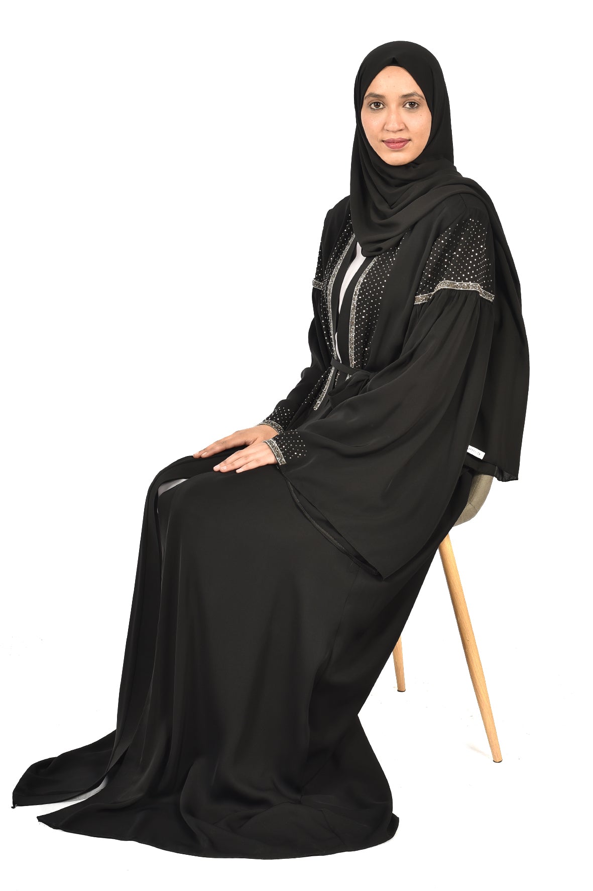 Elegant Black Abaya with Sparkling Embellishments on Sleeves and Front – Subtle Glamour for Special Occasions (katalia )
