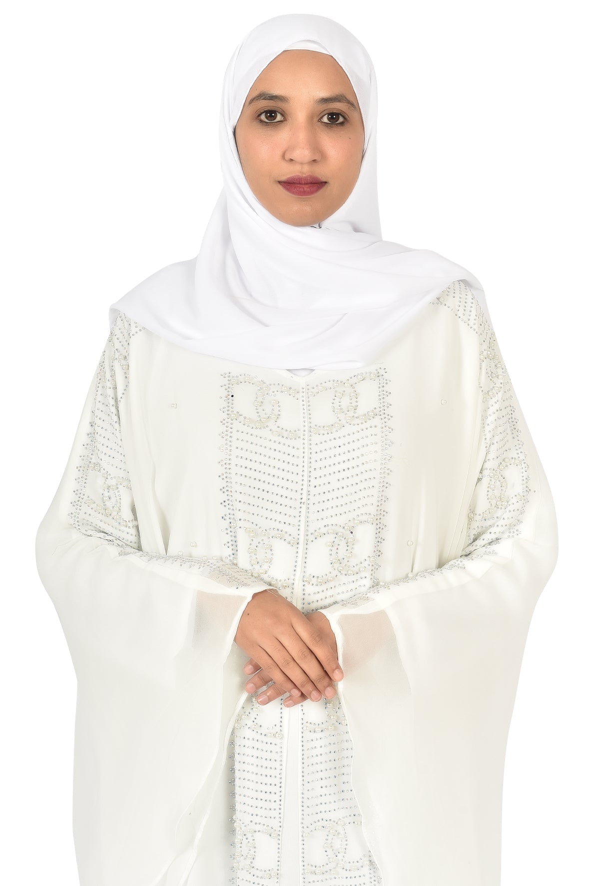 Luxury White Abaya with Crystal Embroidery and Flowing Layers ( ladies abaya )