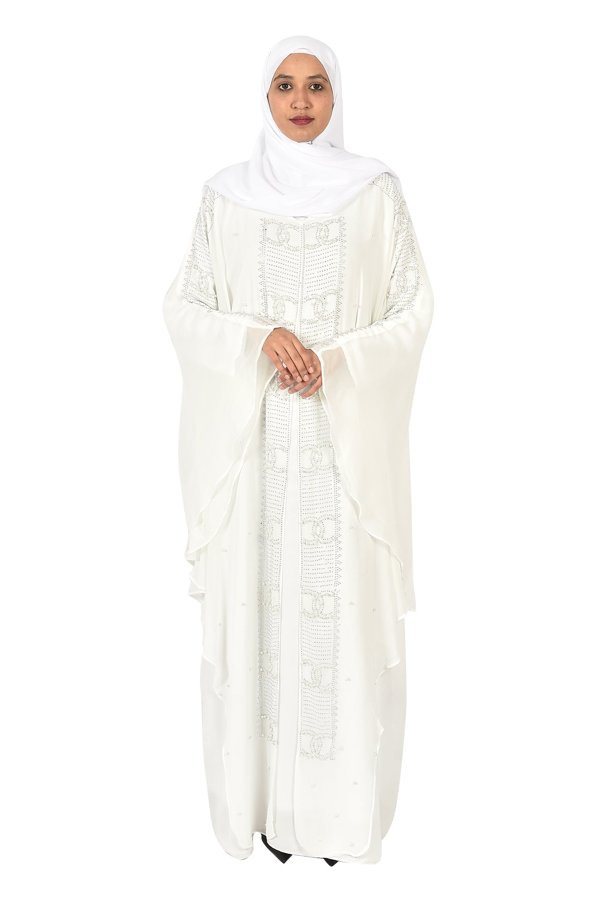 Luxury White Abaya with Crystal Embroidery and Flowing Layers ( ladies abaya )
