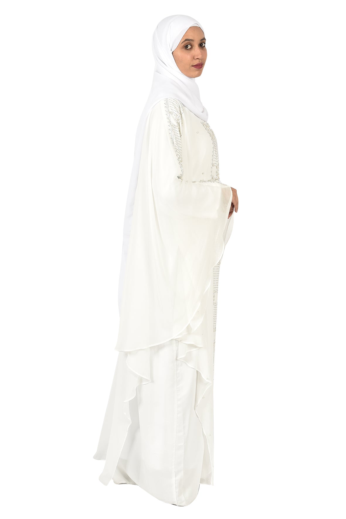 Luxury White Abaya with Crystal Embroidery and Flowing Layers ( ladies abaya )