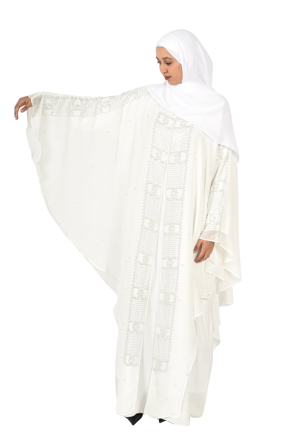 Luxury White Abaya with Crystal Embroidery and Flowing Layers ( ladies abaya )