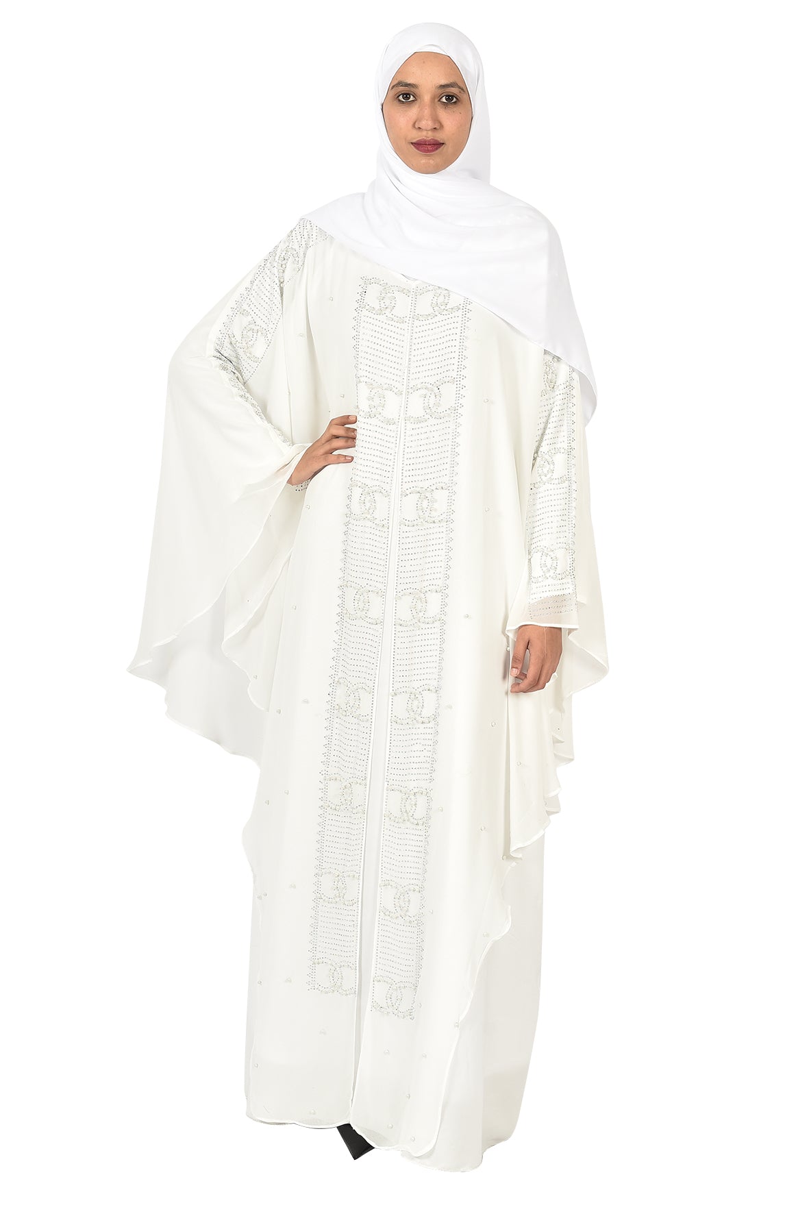 Luxury White Abaya with Crystal Embroidery and Flowing Layers ( ladies abaya )
