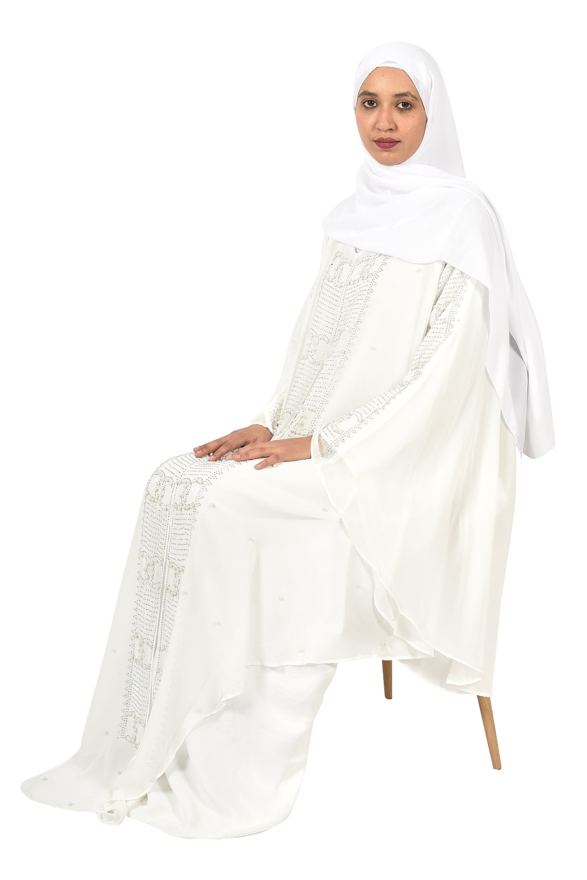 Luxury White Abaya with Crystal Embroidery and Flowing Layers ( ladies abaya )