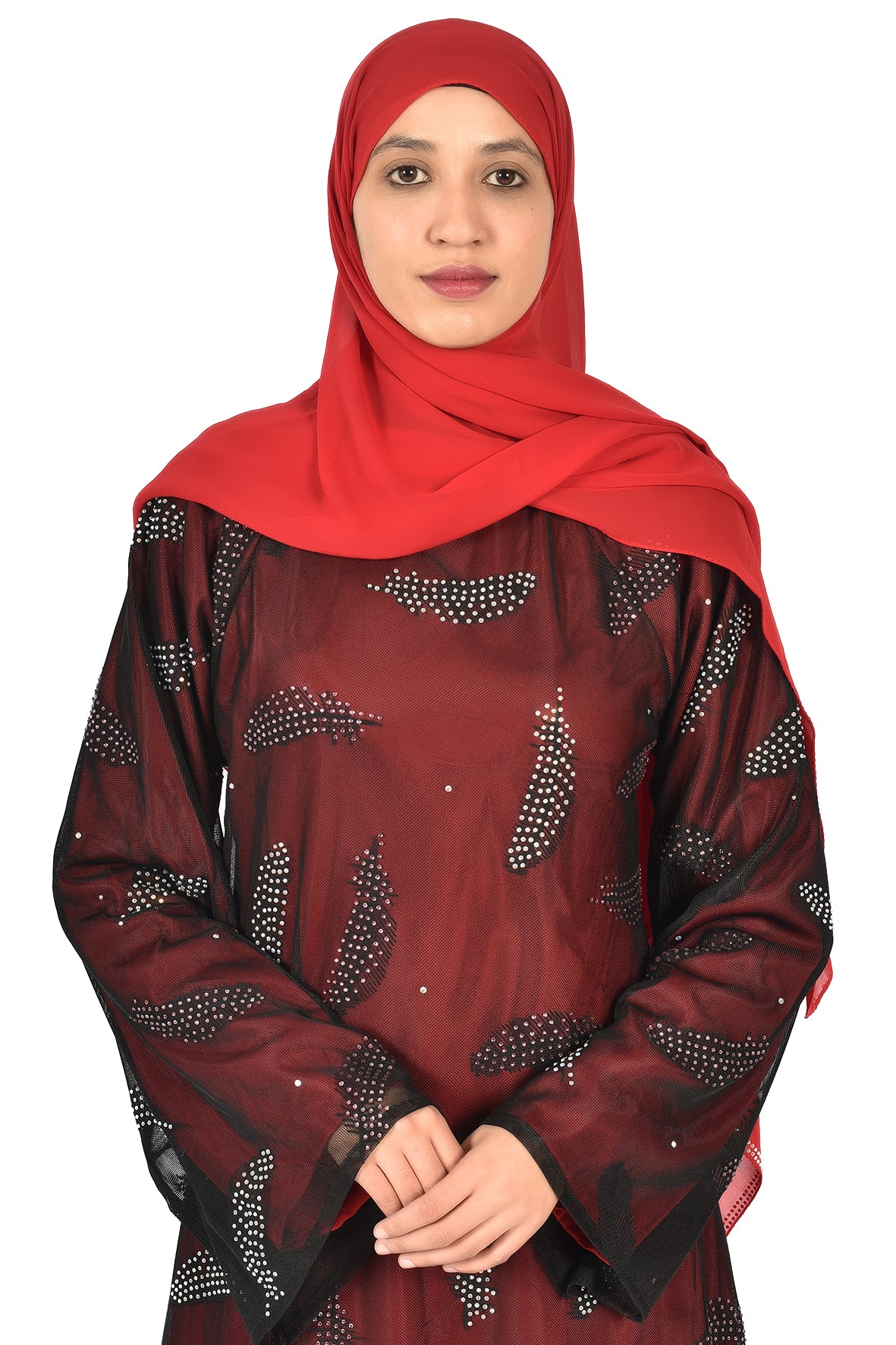 Elegant Maroon Abaya with Black Sheer Overlay and Crystal Embellishments ( ladies abaya )
