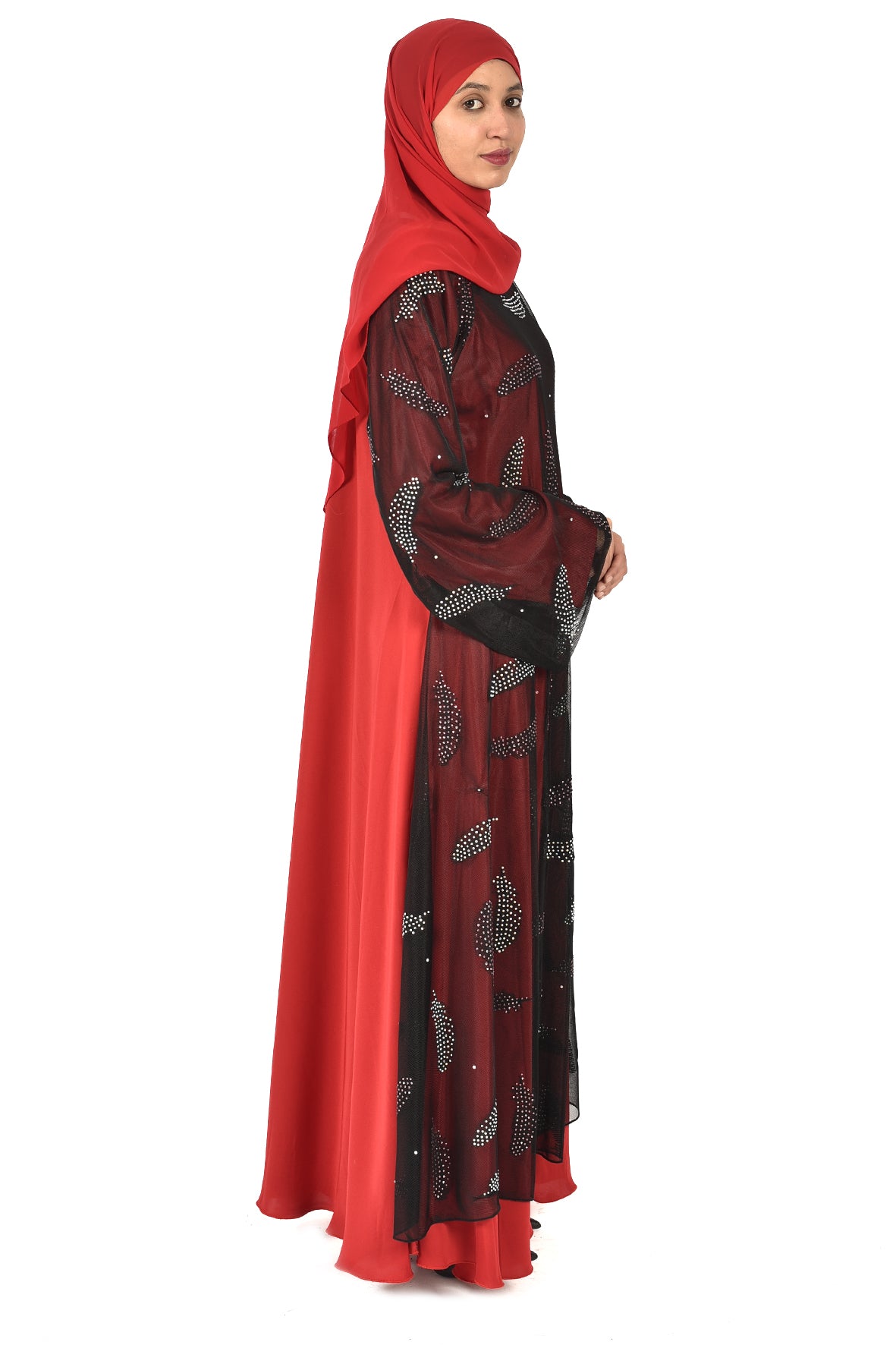 Elegant Maroon Abaya with Black Sheer Overlay and Crystal Embellishments ( ladies abaya )