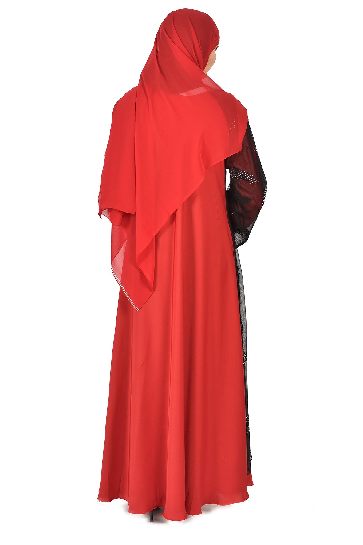 Elegant Maroon Abaya with Black Sheer Overlay and Crystal Embellishments ( ladies abaya )