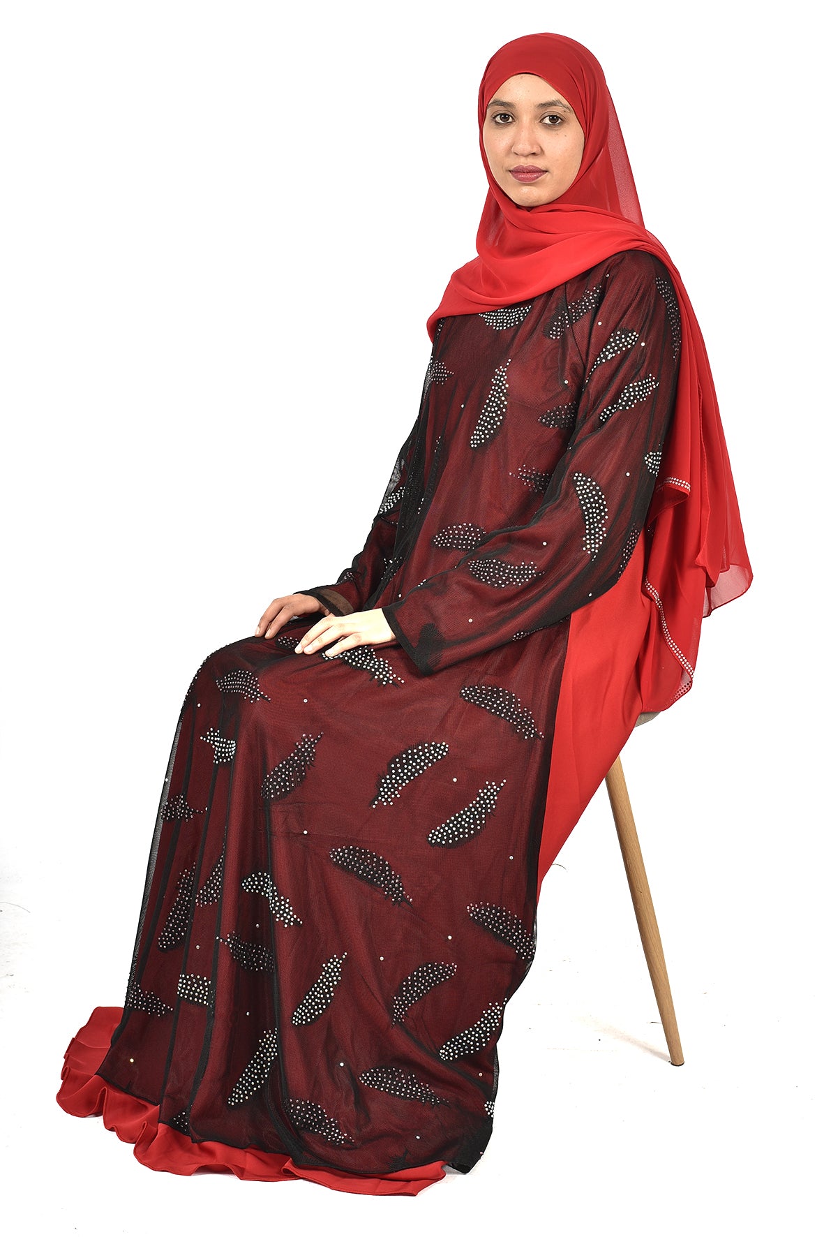 Elegant Maroon Abaya with Black Sheer Overlay and Crystal Embellishments ( ladies abaya )