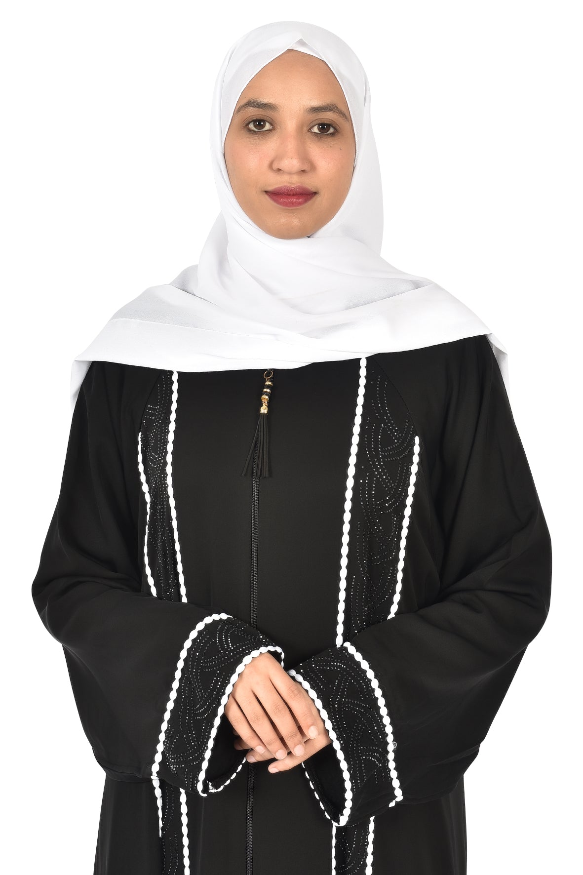 Classic Black Abaya with White Embroidered Details (ladies abaya )
