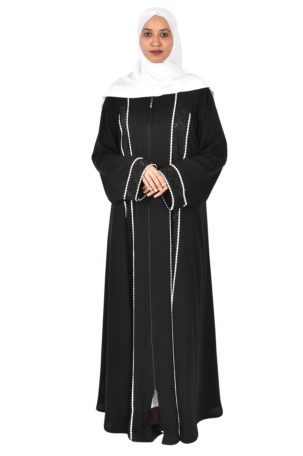 Classic Black Abaya with White Embroidered Details (ladies abaya )