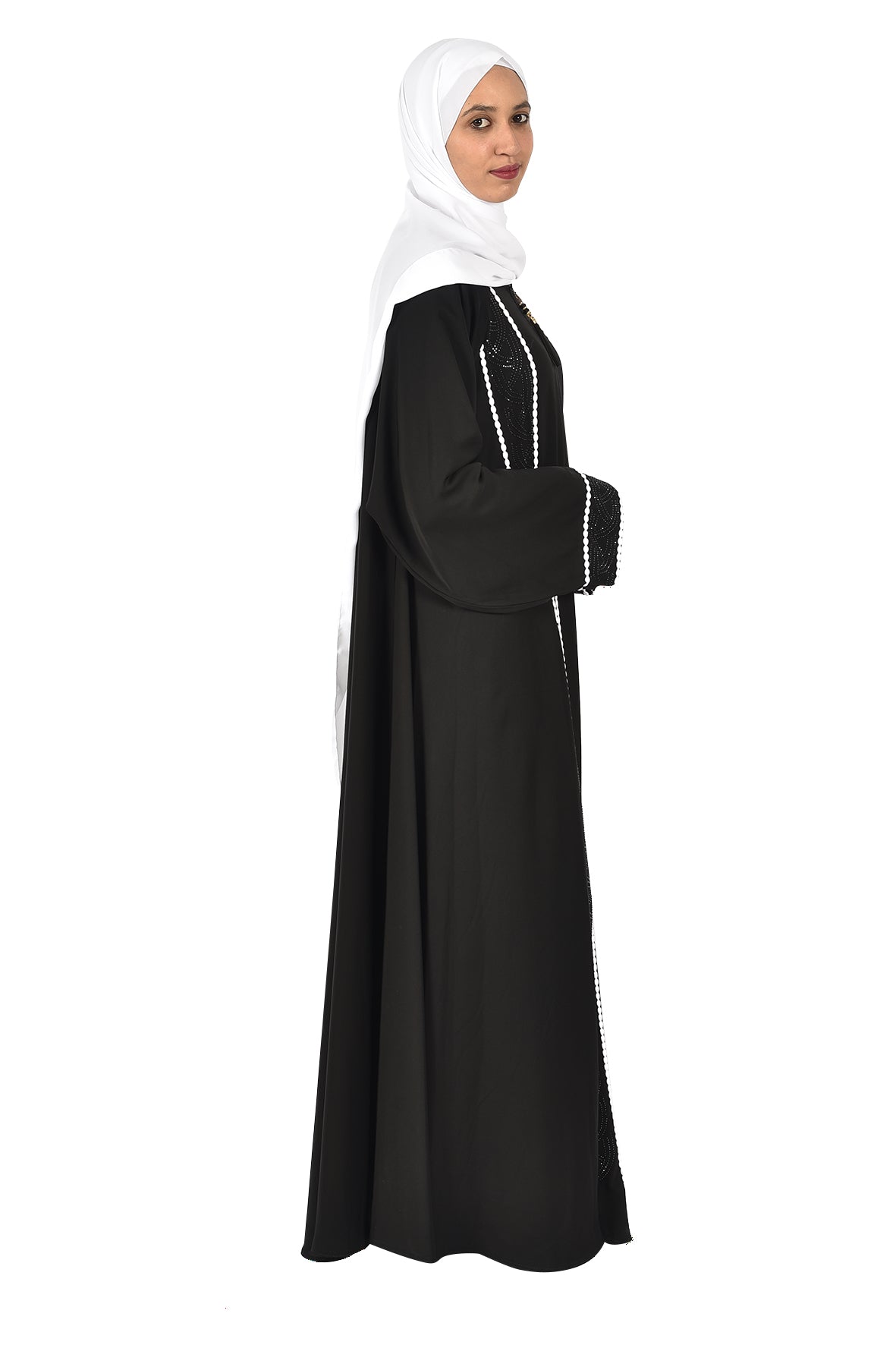 Classic Black Abaya with White Embroidered Details (ladies abaya )