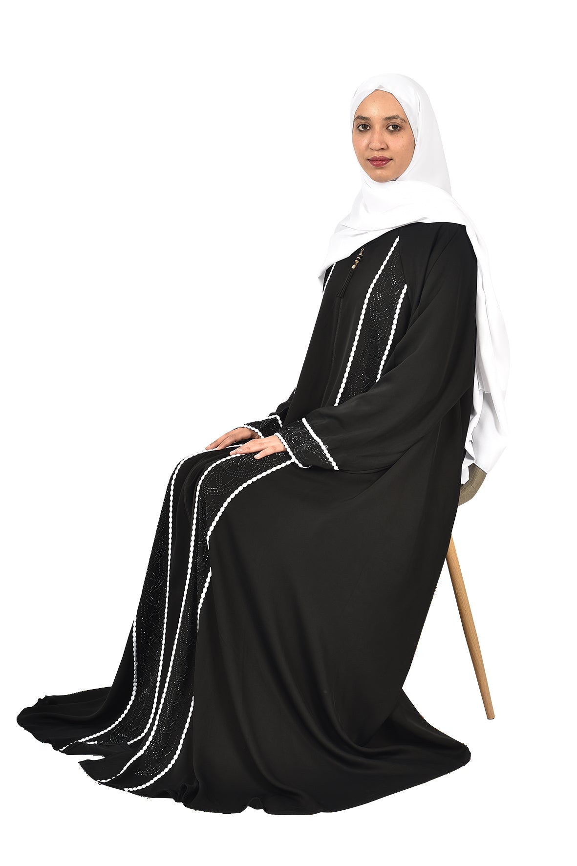 Classic Black Abaya with White Embroidered Details (ladies abaya )